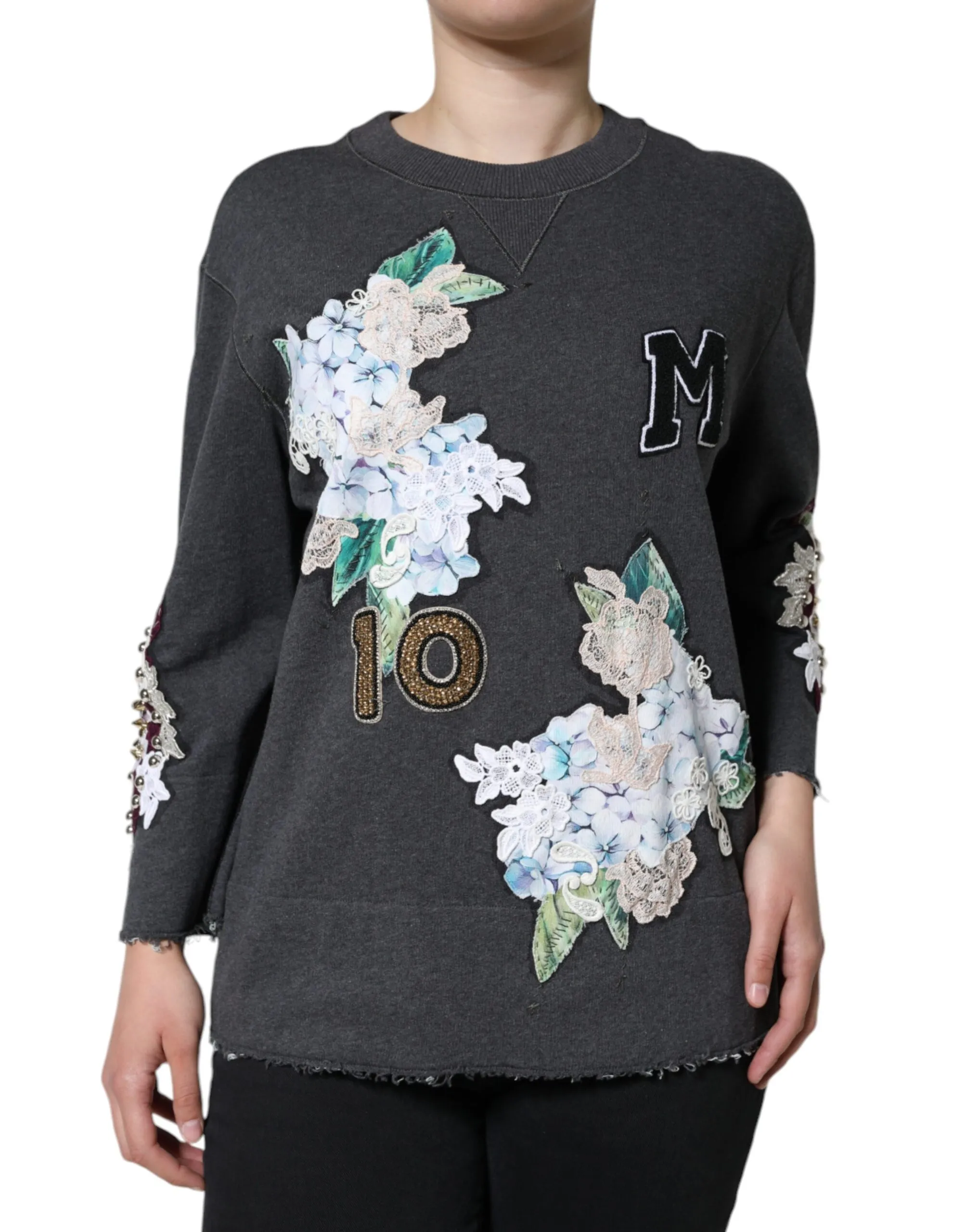 Dolce & Gabbana Women's Gray Hydrangea CollegeStudded Floral Sweater