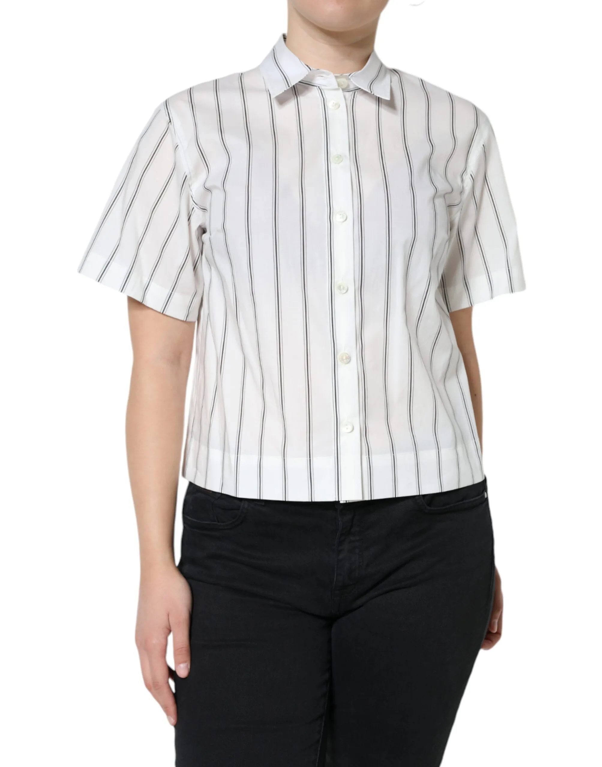 Dolce & Gabbana Women's White Striped Collared Short Sleeve Polo Top