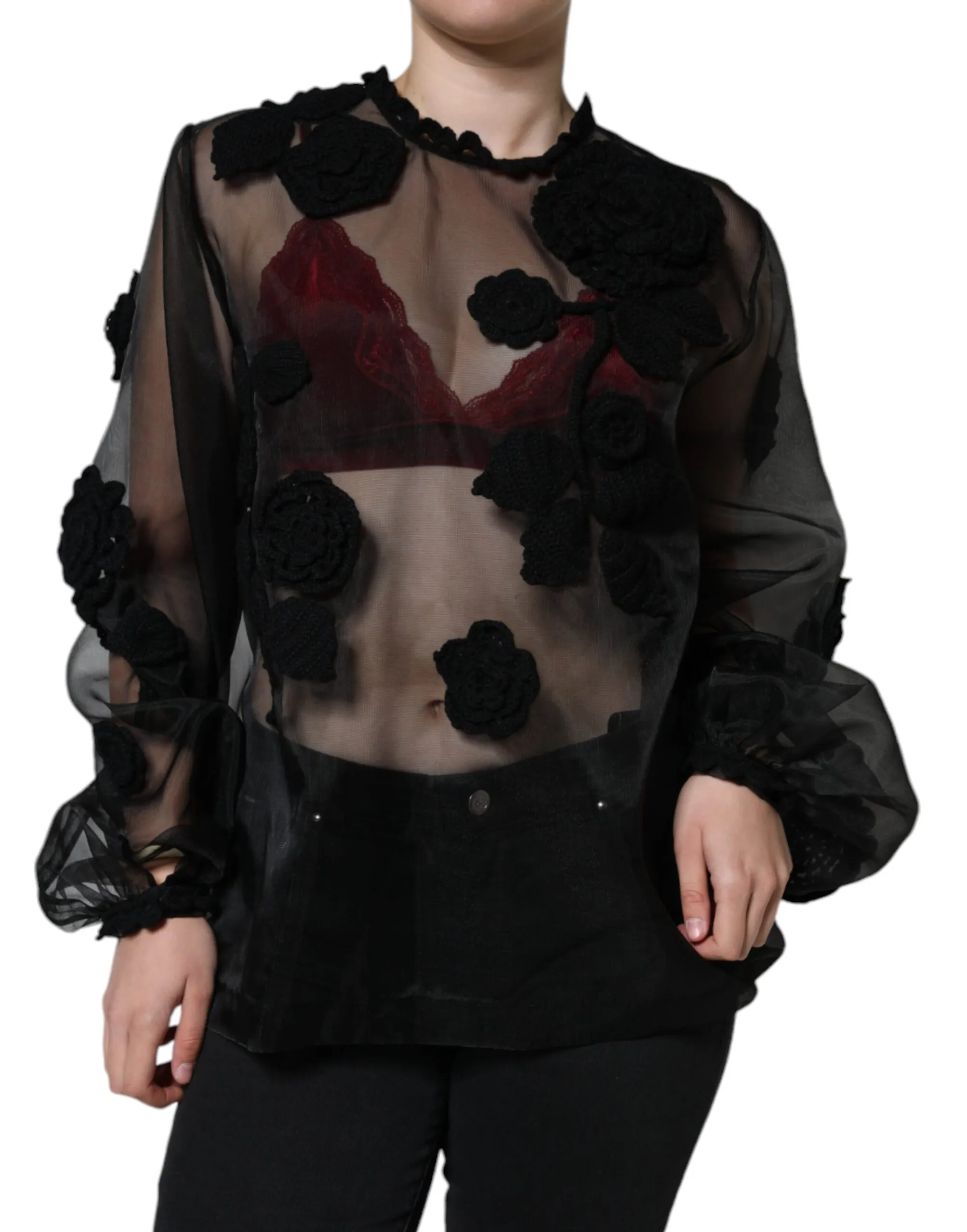 Dolce & Gabbana Women's Black Nylon Mesh Transparent Floral Blouse