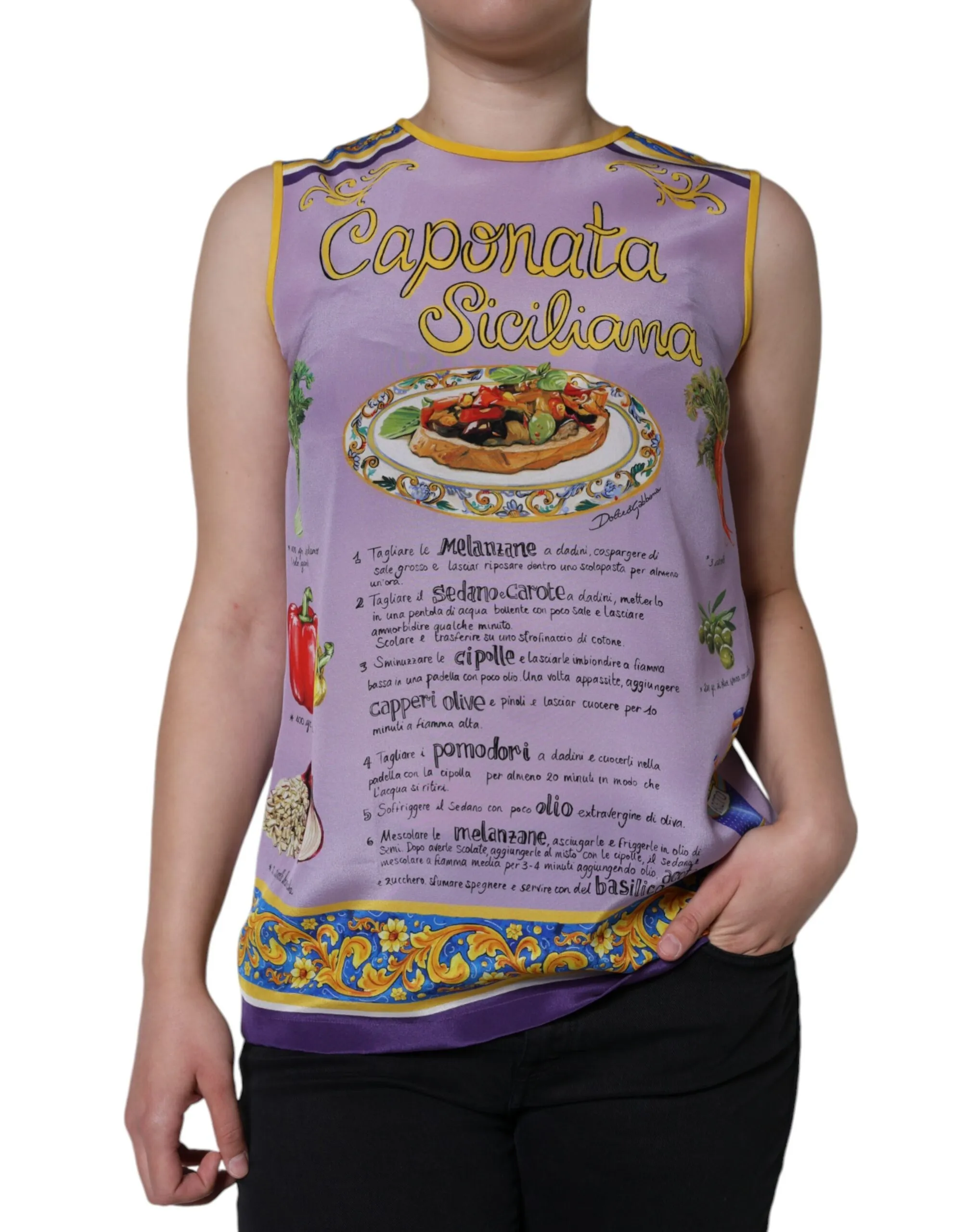 Dolce & Gabbana Women's Purple Silk Caponata Siciliana Print Tank Top