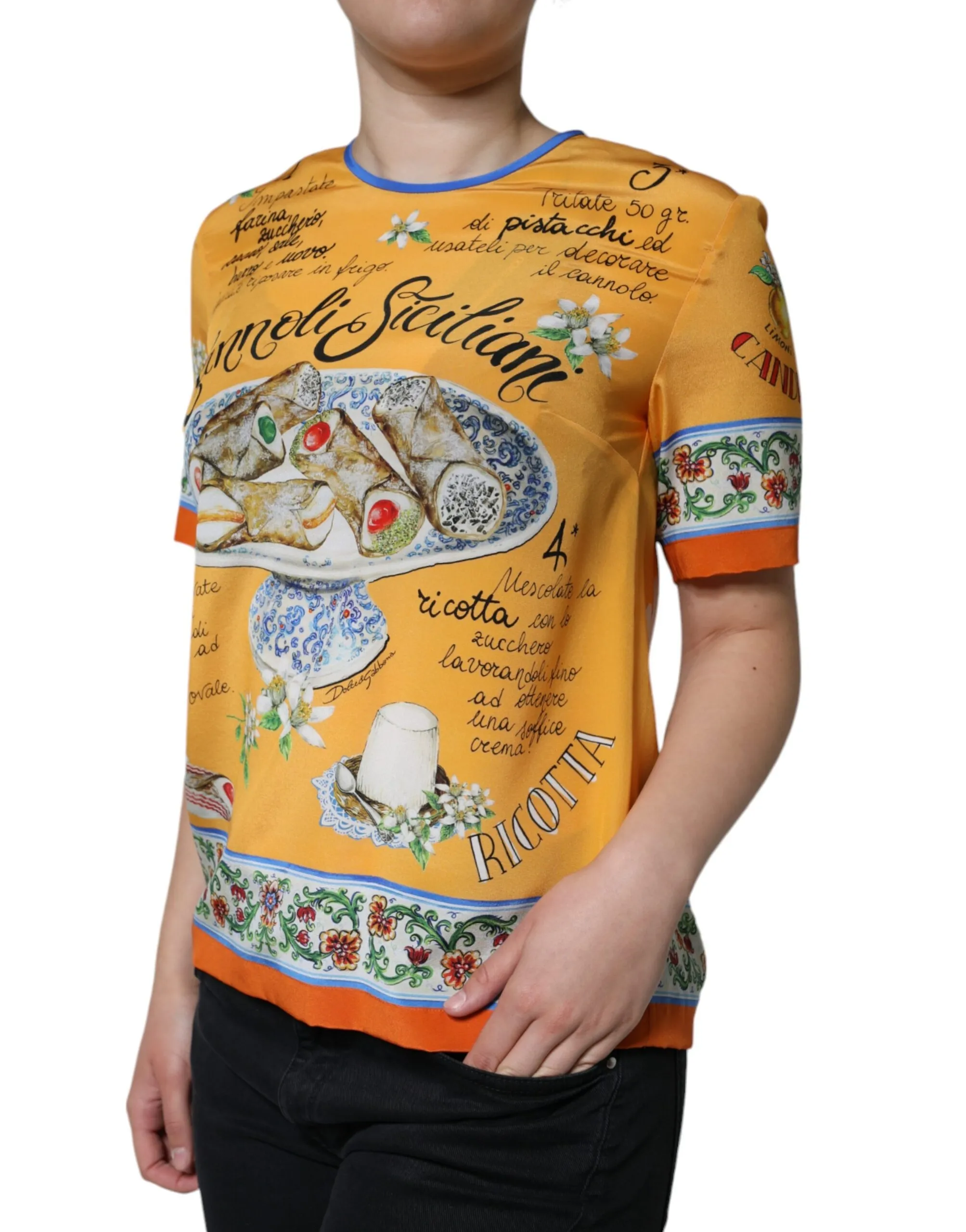 Dolce & Gabbana Women's Orange Silk Cannoli Siciliana Print Short Sleeves Top
