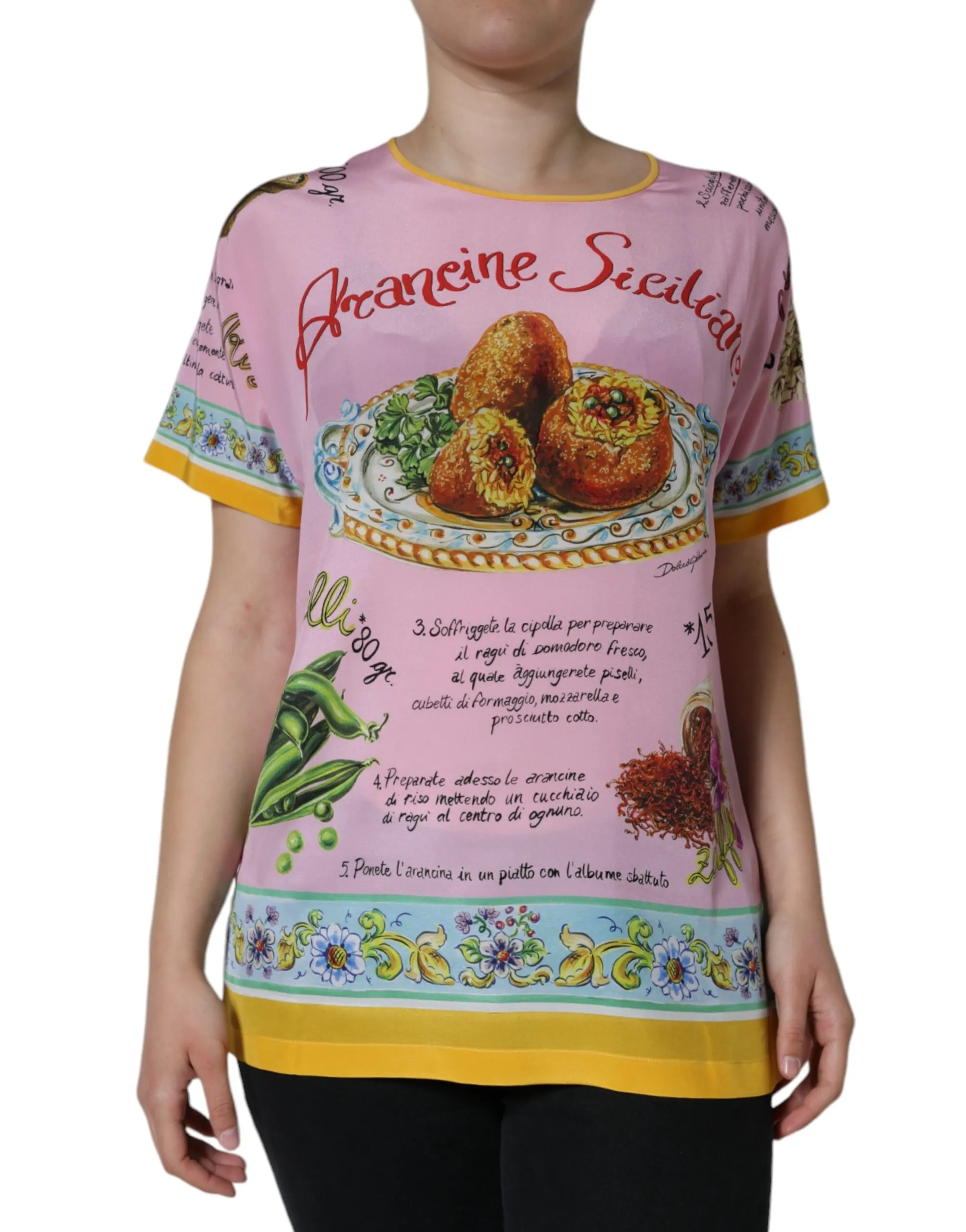 Dolce & Gabbana Women's Pink Silk Araneine Siciliana Print Short Sleeves Top