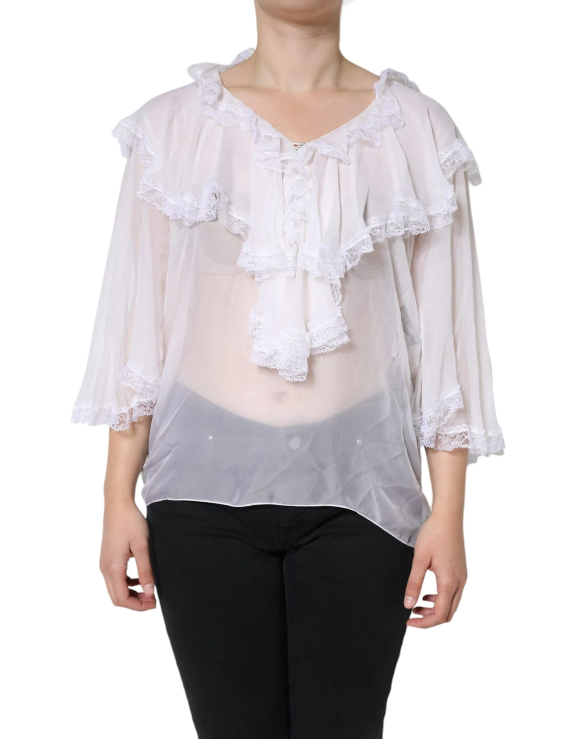 Dolce & Gabbana Women's White Ruffles Lace Long Sleeve Blouse Top