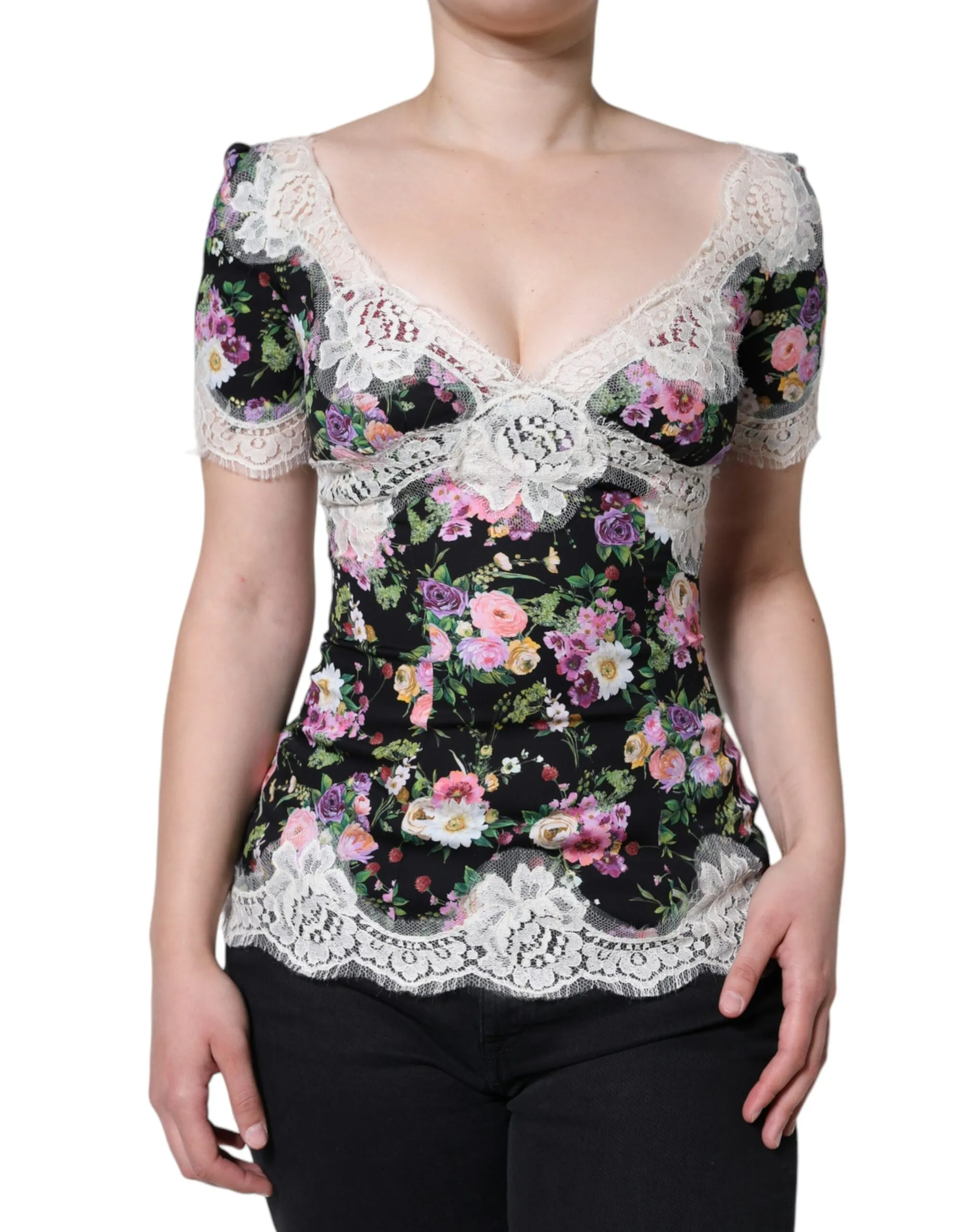 Dolce & Gabbana Women's Black Floral Lace Short Sleeves Blouse Top
