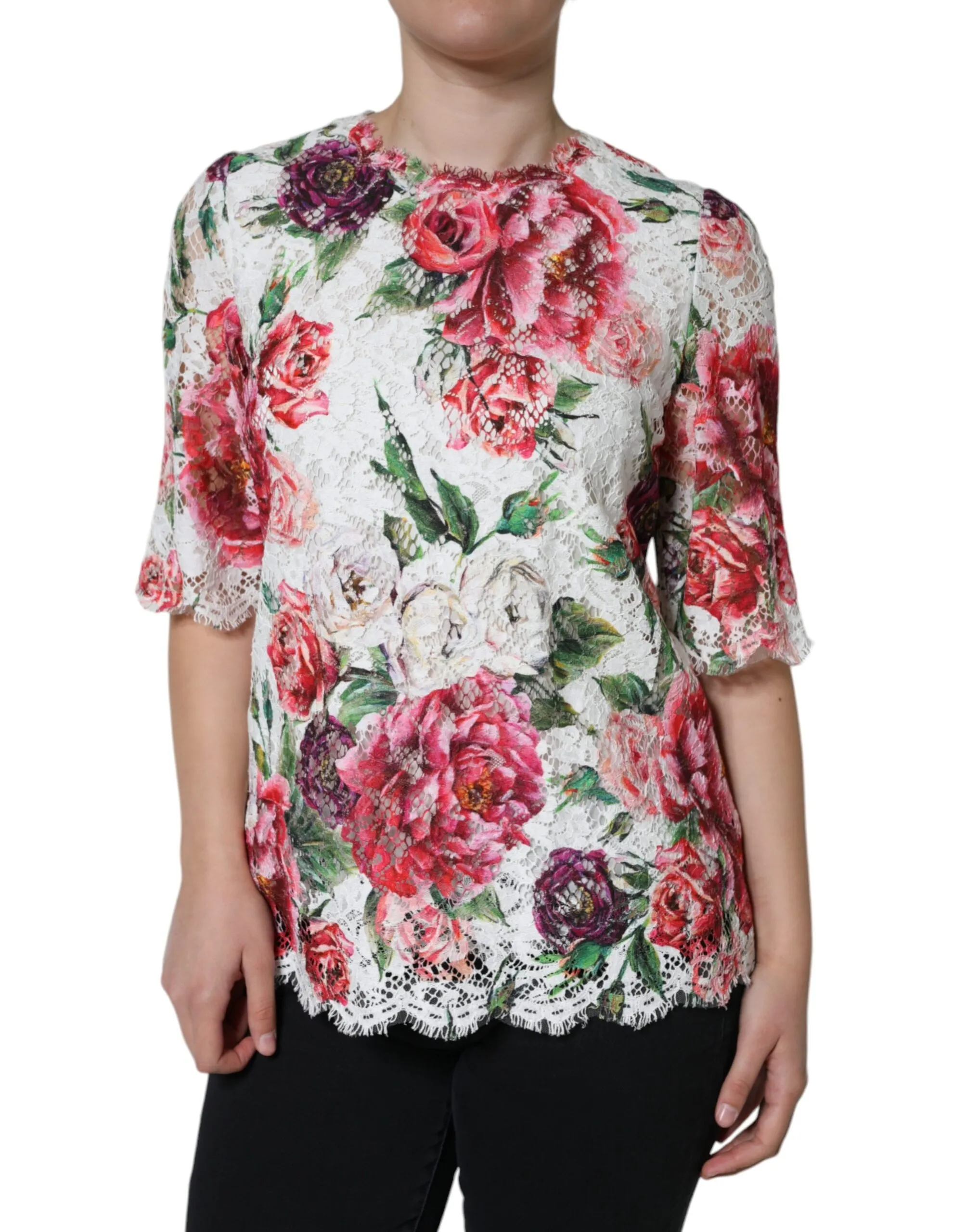Dolce & Gabbana Women's White Peony Lace Short Sleeves Blouse Top