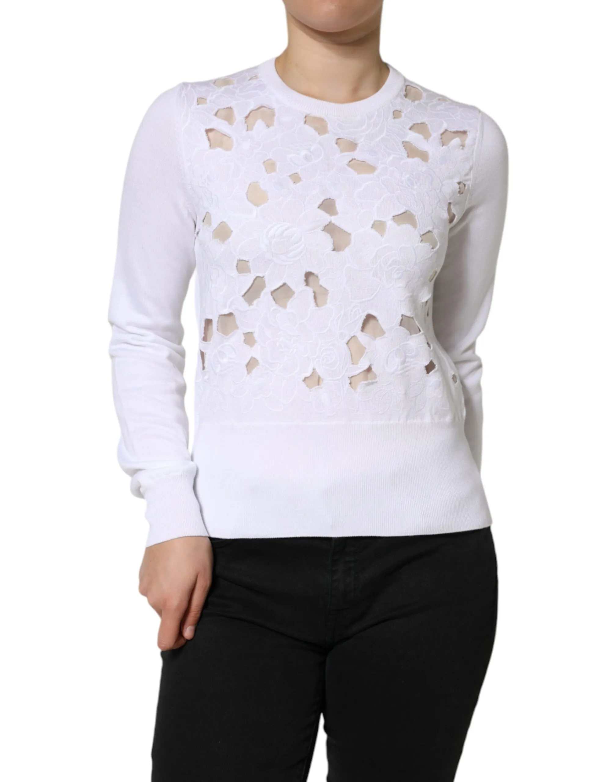 Dolce & Gabbana Women's White Lace Cut Out Long Sleeves Pullover Sweater