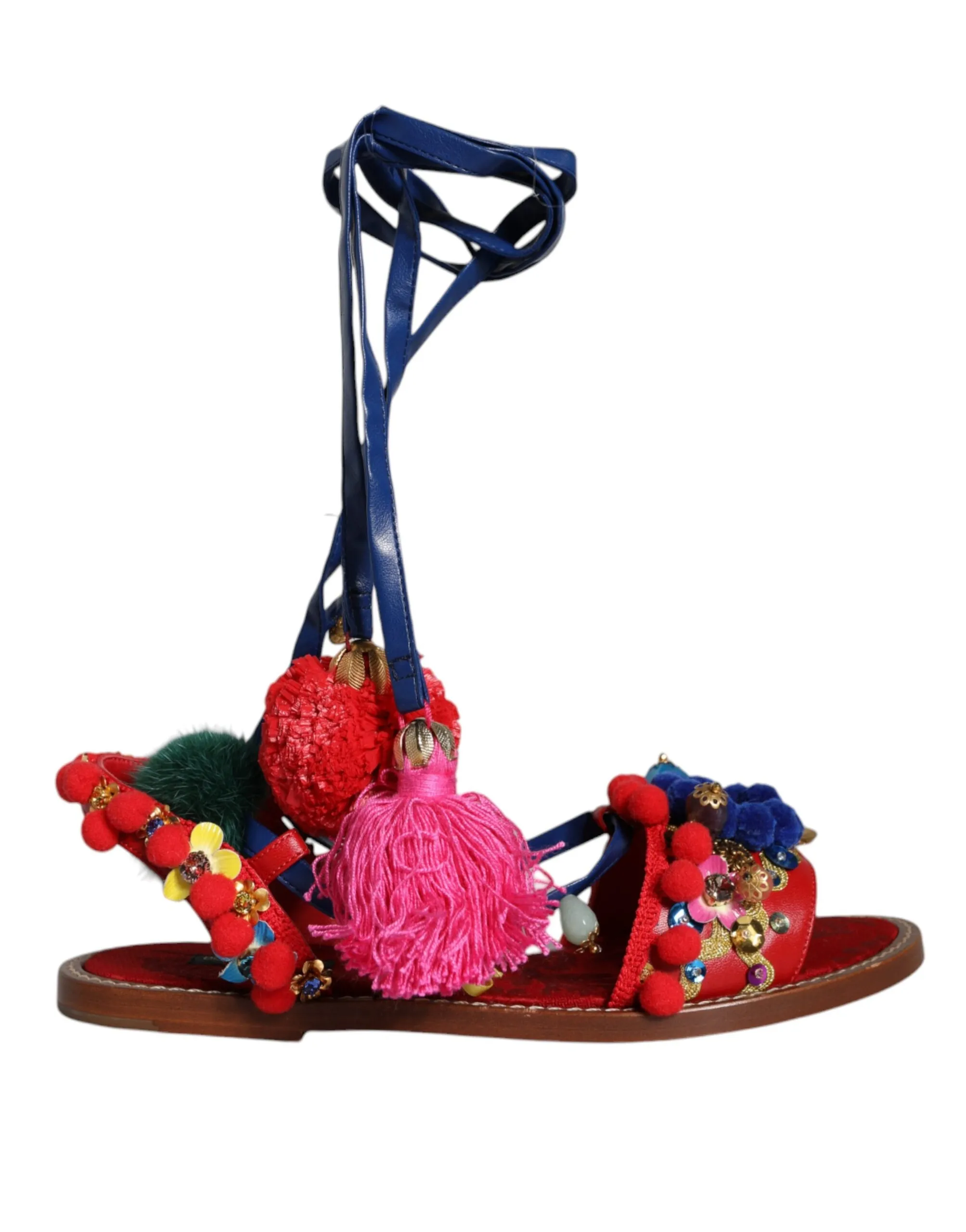 Dolce & Gabbana Women's Multicolor Pom Pom Fur Wrap Sandals Shoes