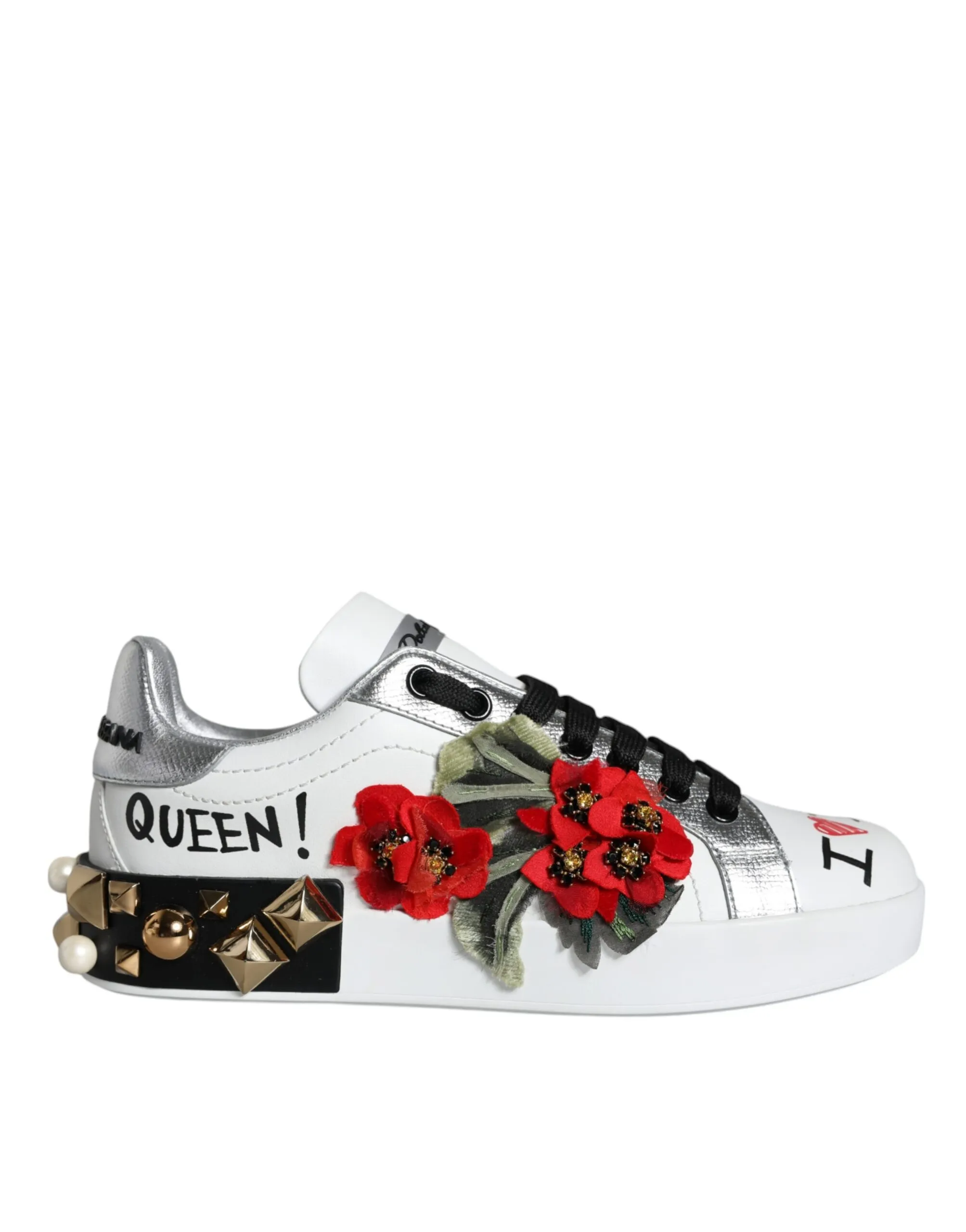 Dolce & Gabbana Women's White Leather Floral Studded Sneakers Shoes