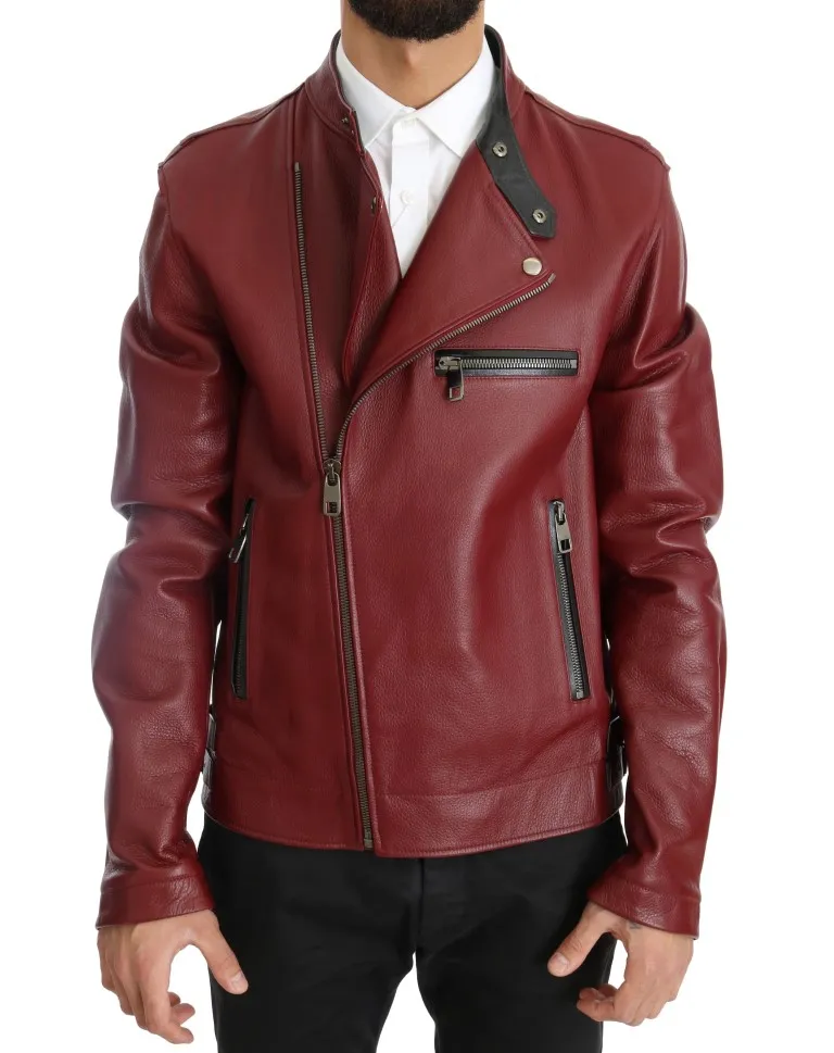 Dolce & Gabbana Men's Radiant Red Leather Biker Motorcycle Jacket