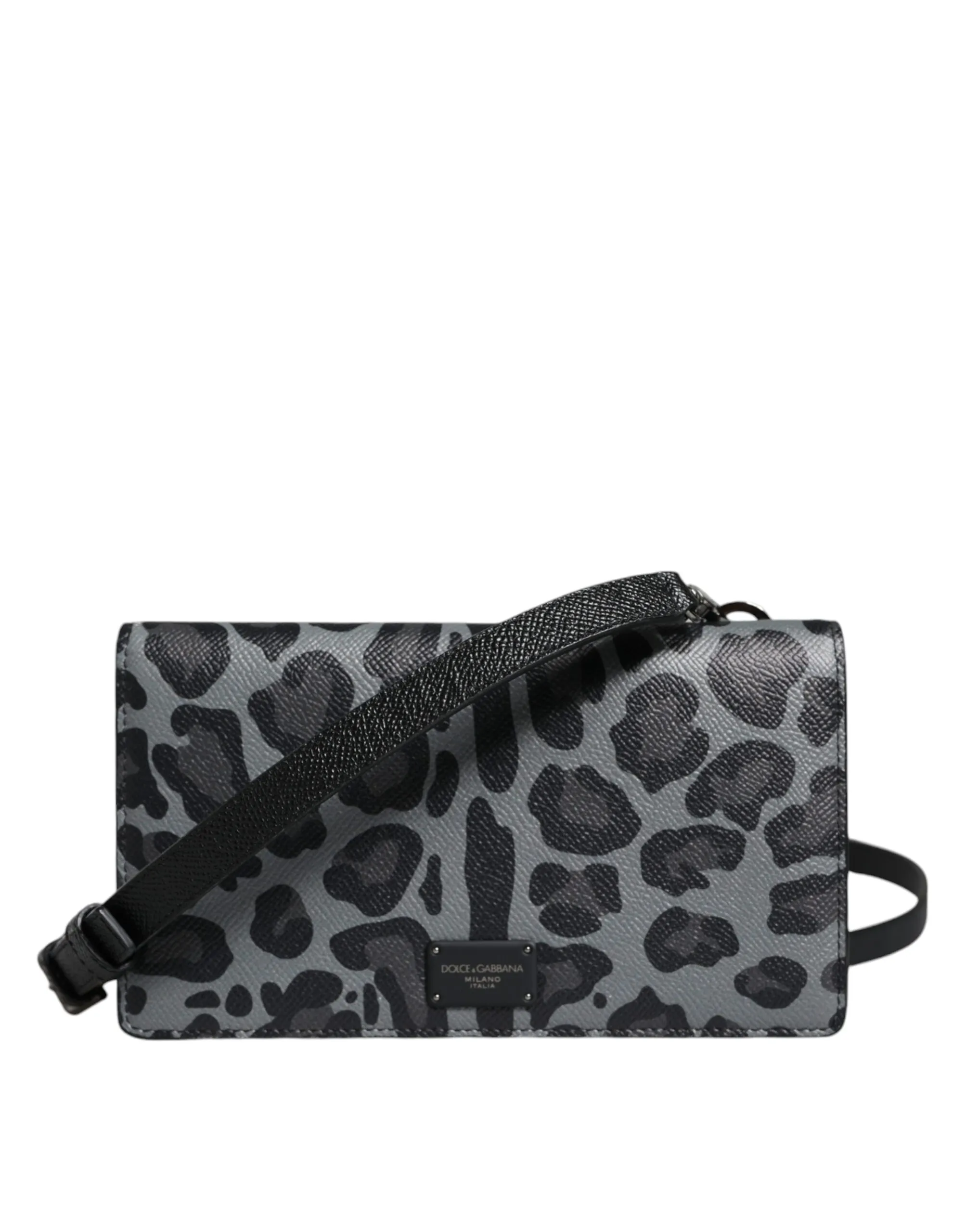 Dolce & Gabbana Women's Black Gray Leopard Leather Bifold Card Slot Crossbody Bag