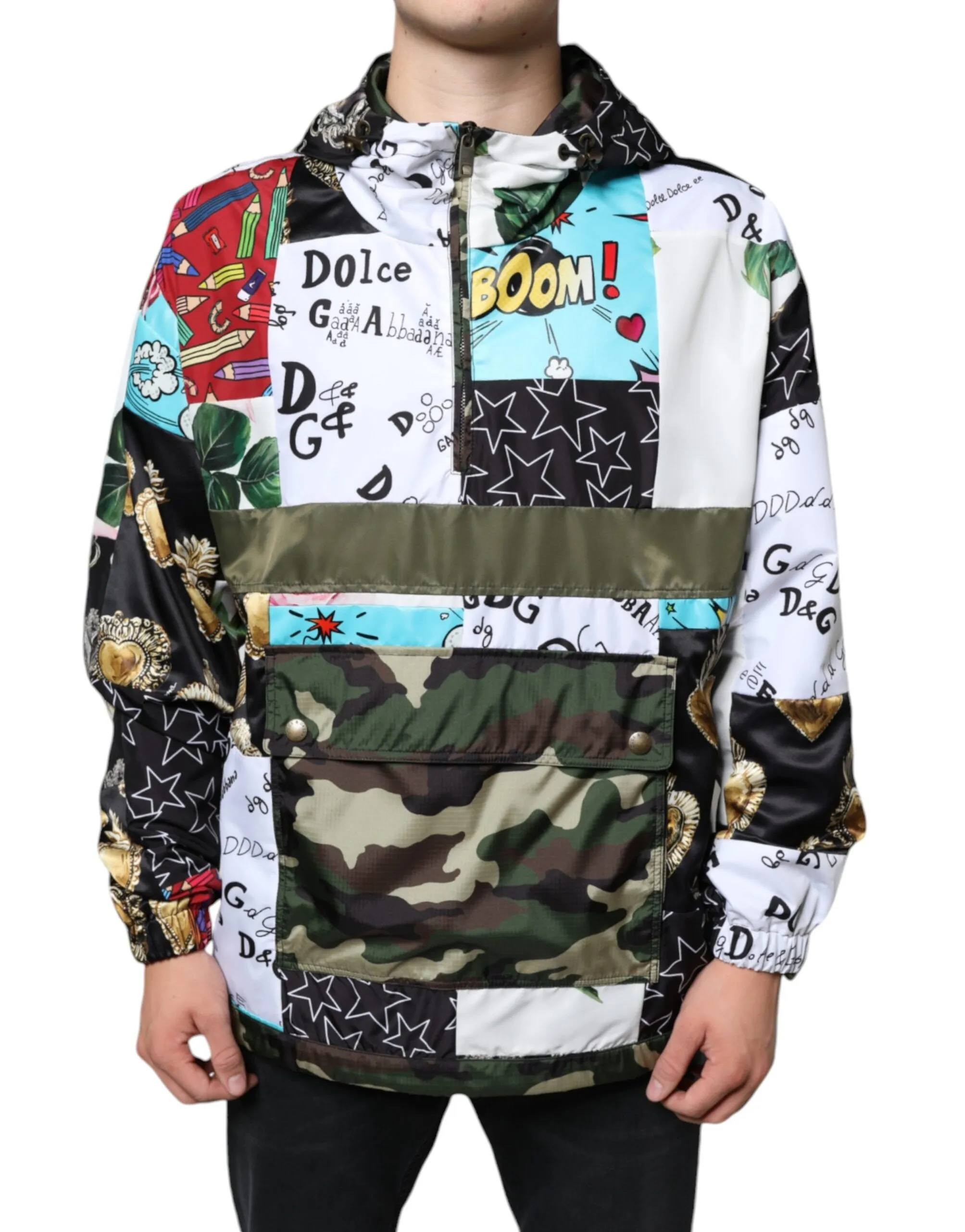 Dolce & Gabbana Men's Multicolor Patchwork Cotton Hooded Jacket