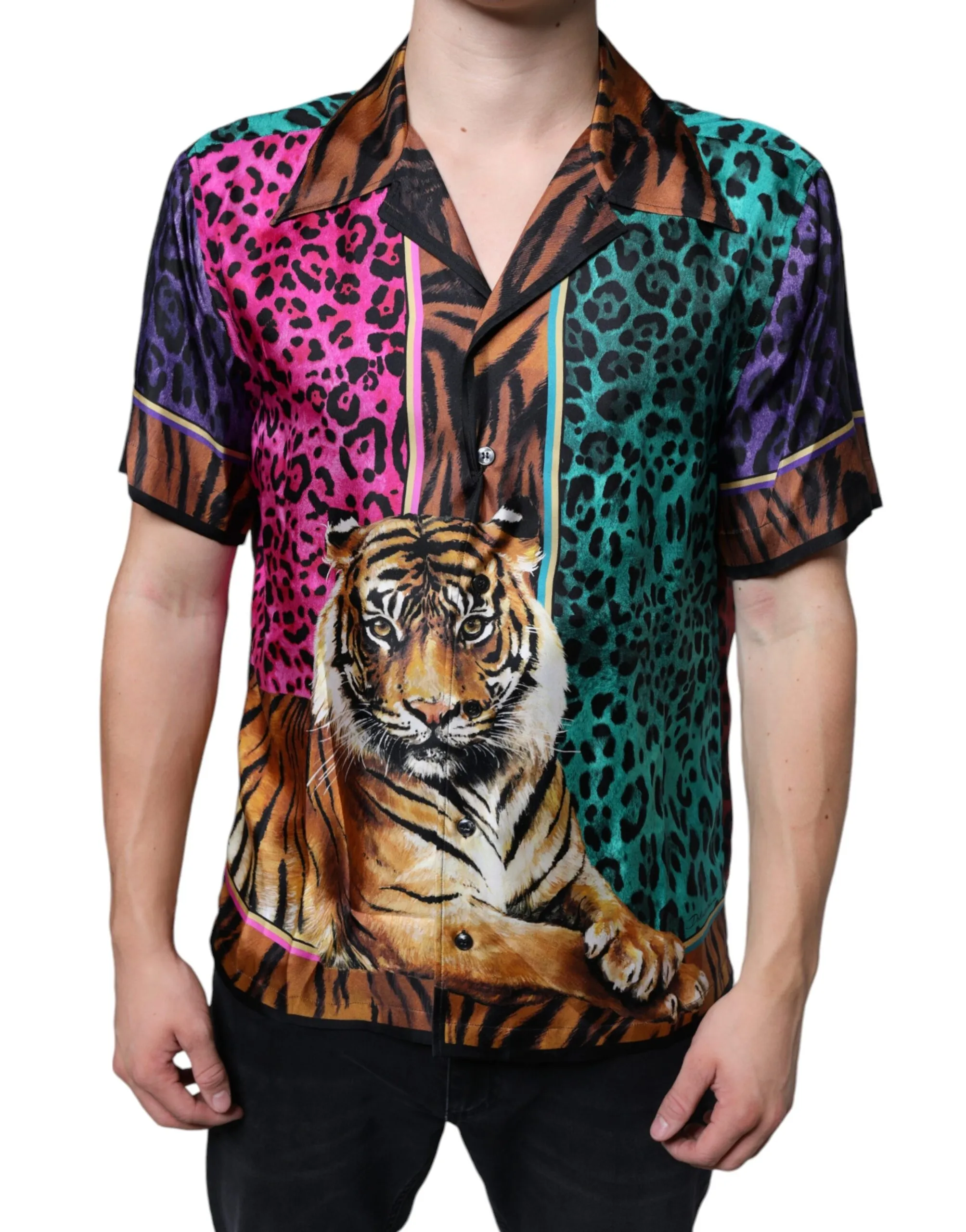 Dolce & Gabbana Men's Multicolor Tiger Silk Button Down Casual Shirt