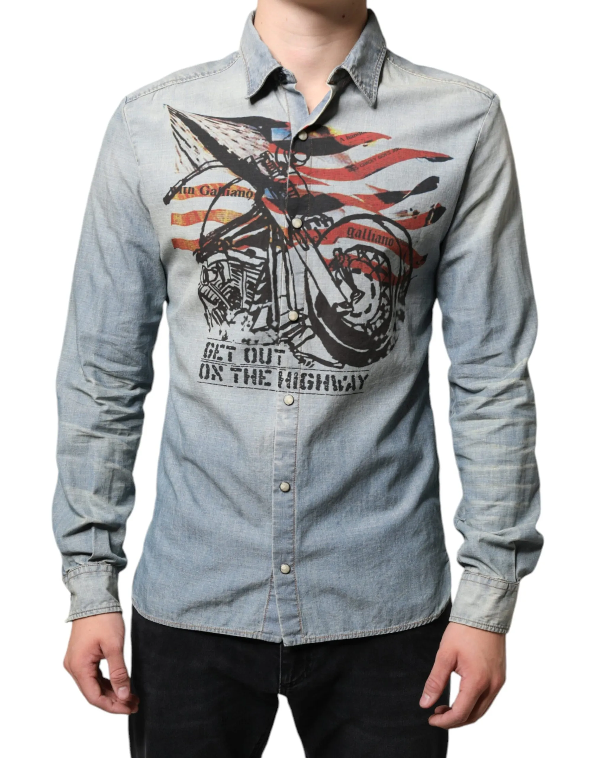 John Galliano Men's Light Blue Printed Cotton Denim Long Sleeves Shirt