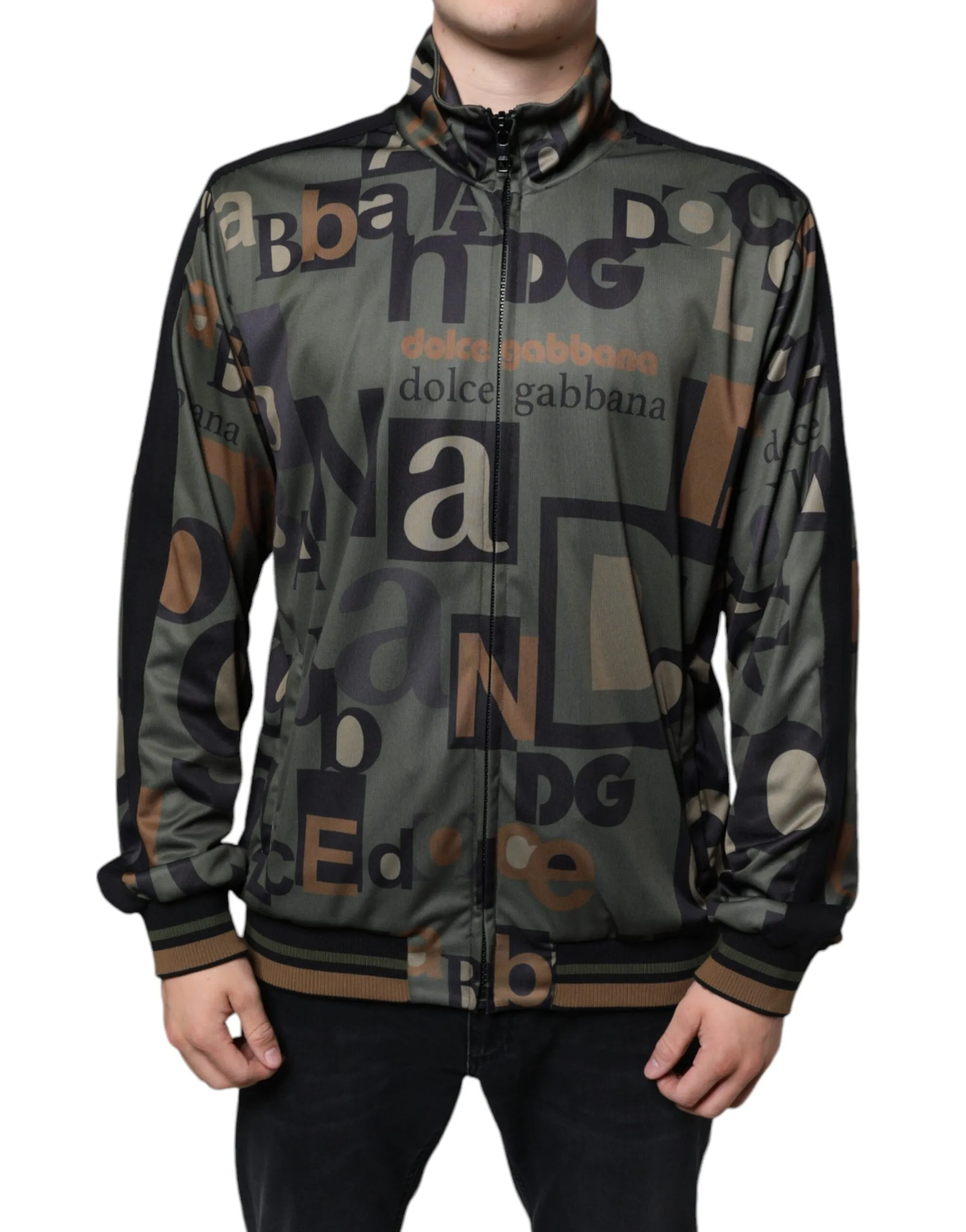 Dolce & Gabbana Men's Army Green Logo Full Zip Polyester Sweater