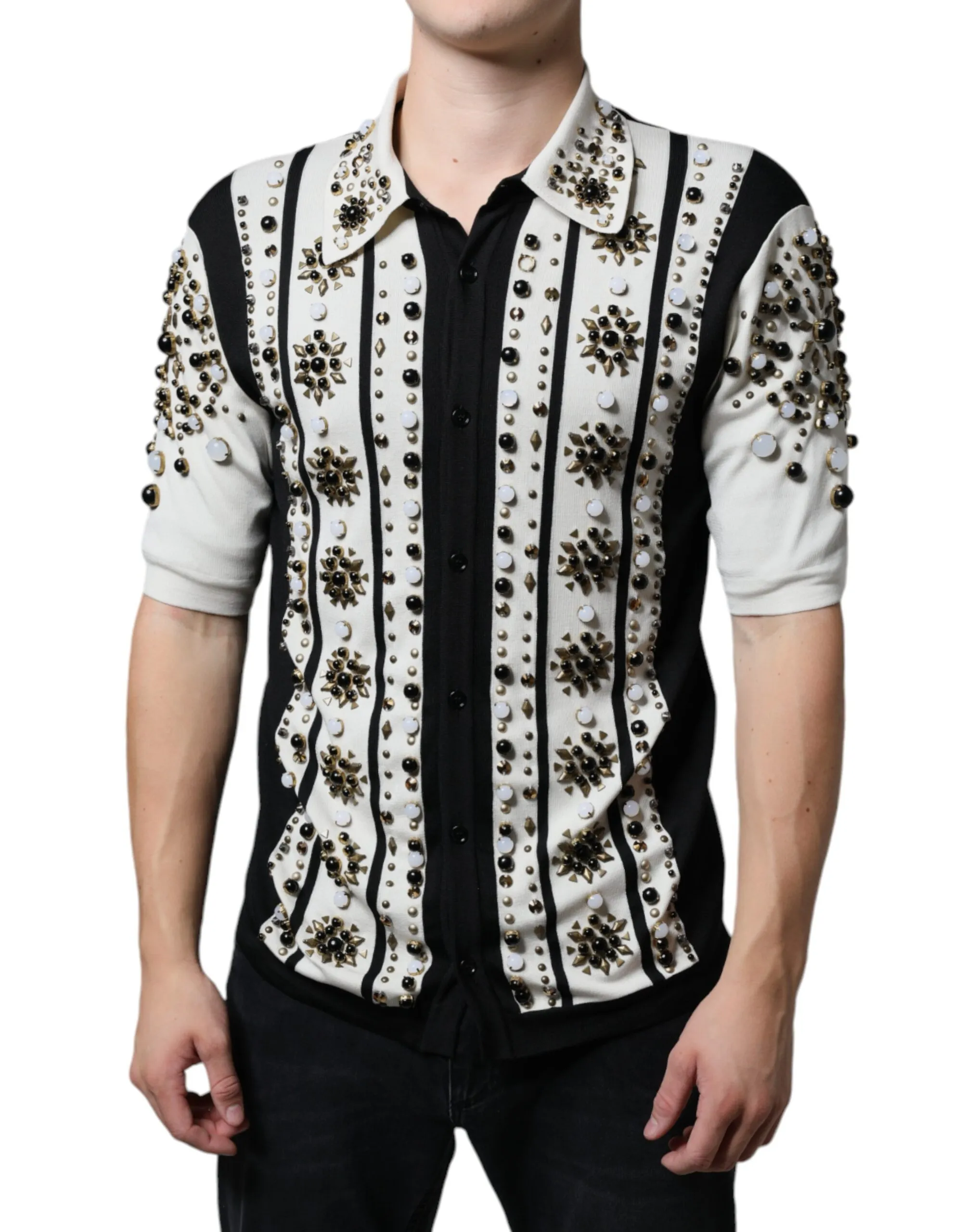 Dolce & Gabbana Men's White Black Silk Studded Stone Crystal Shirt
