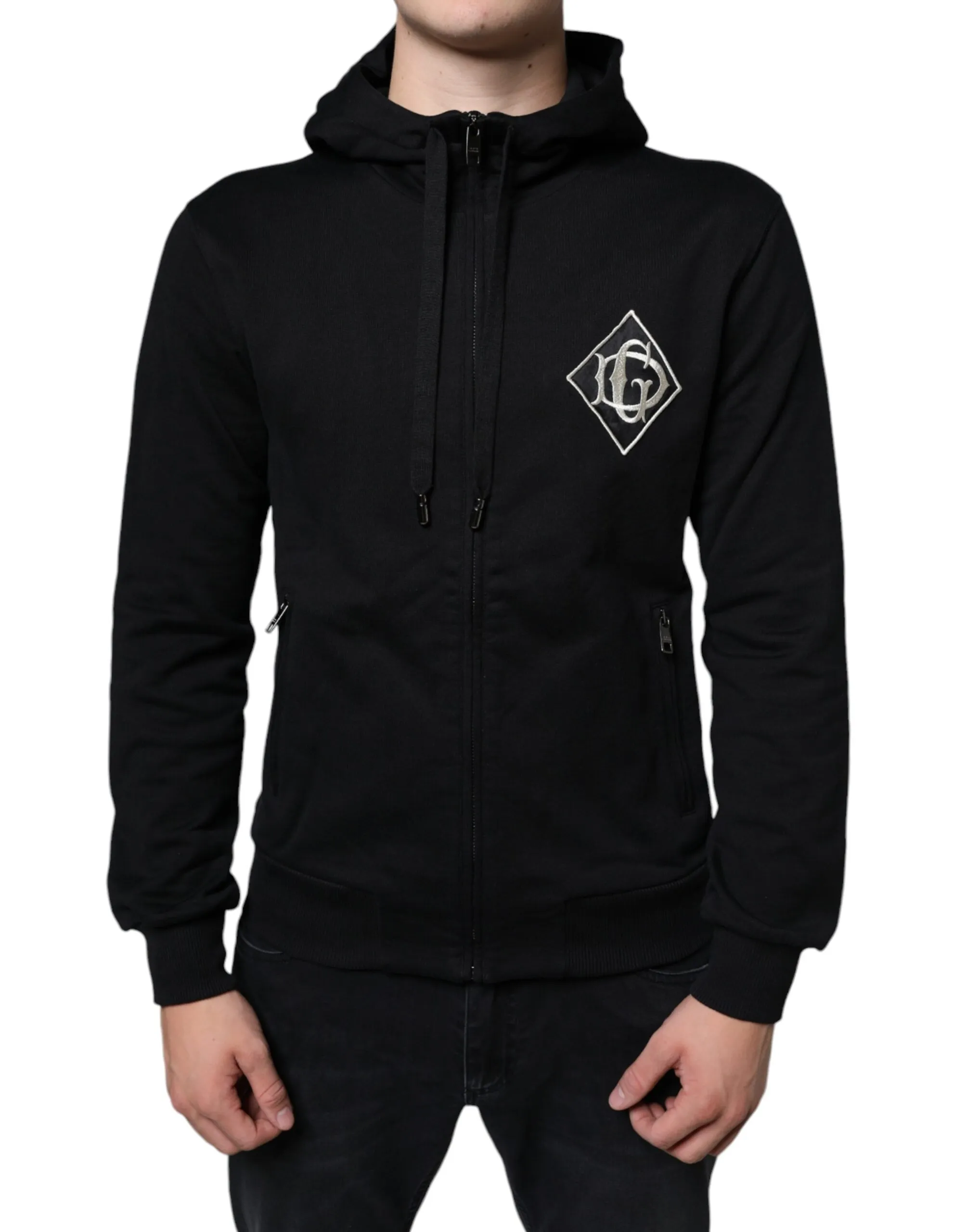 Dolce & Gabbana Men's Black Cotton Hooded Logo Full Zip Sweater