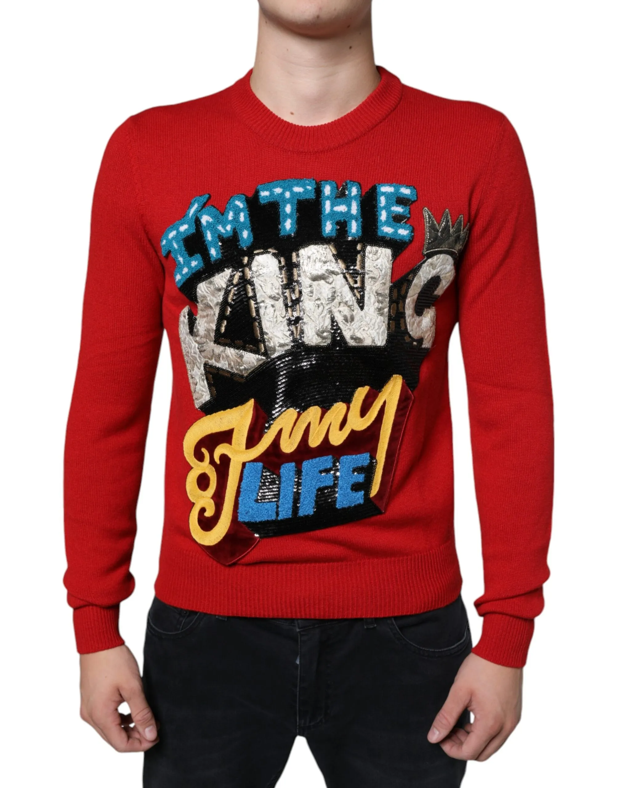 Dolce & Gabbana Men's Red I'm The King Wool Crew Neck Sweatshirt Sweater