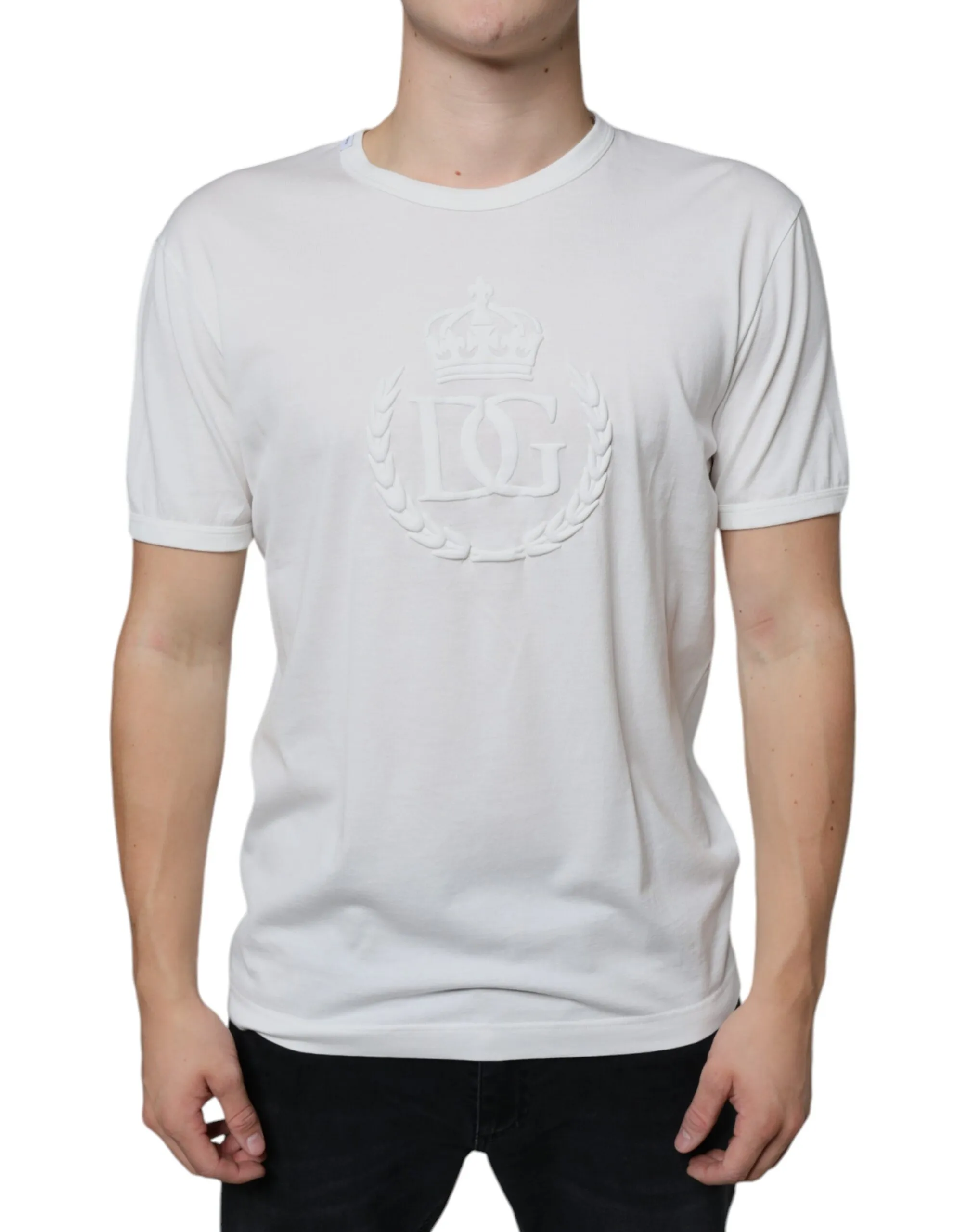 Dolce & Gabbana Men's White Logo Embossed Cotton Crewneck T-shirt