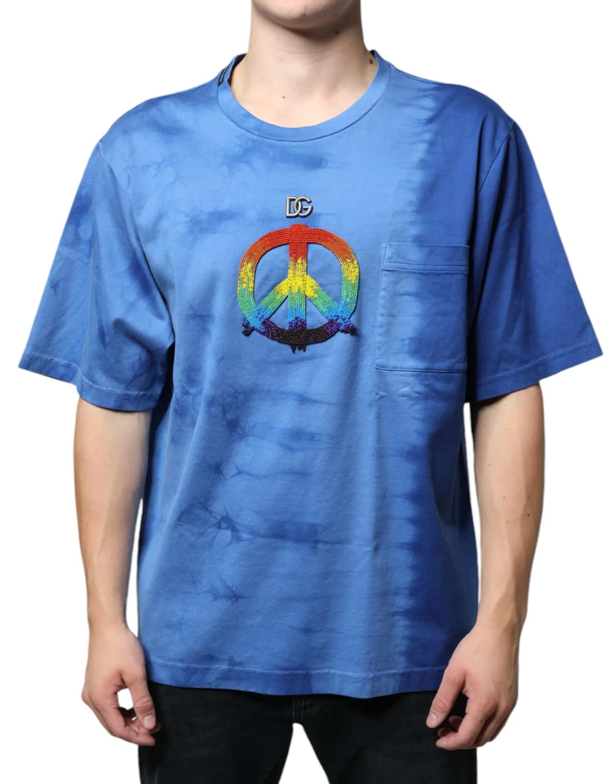 Dolce & Gabbana Men's Blue Tie-Dye Peace Sign Cotton T-shirt