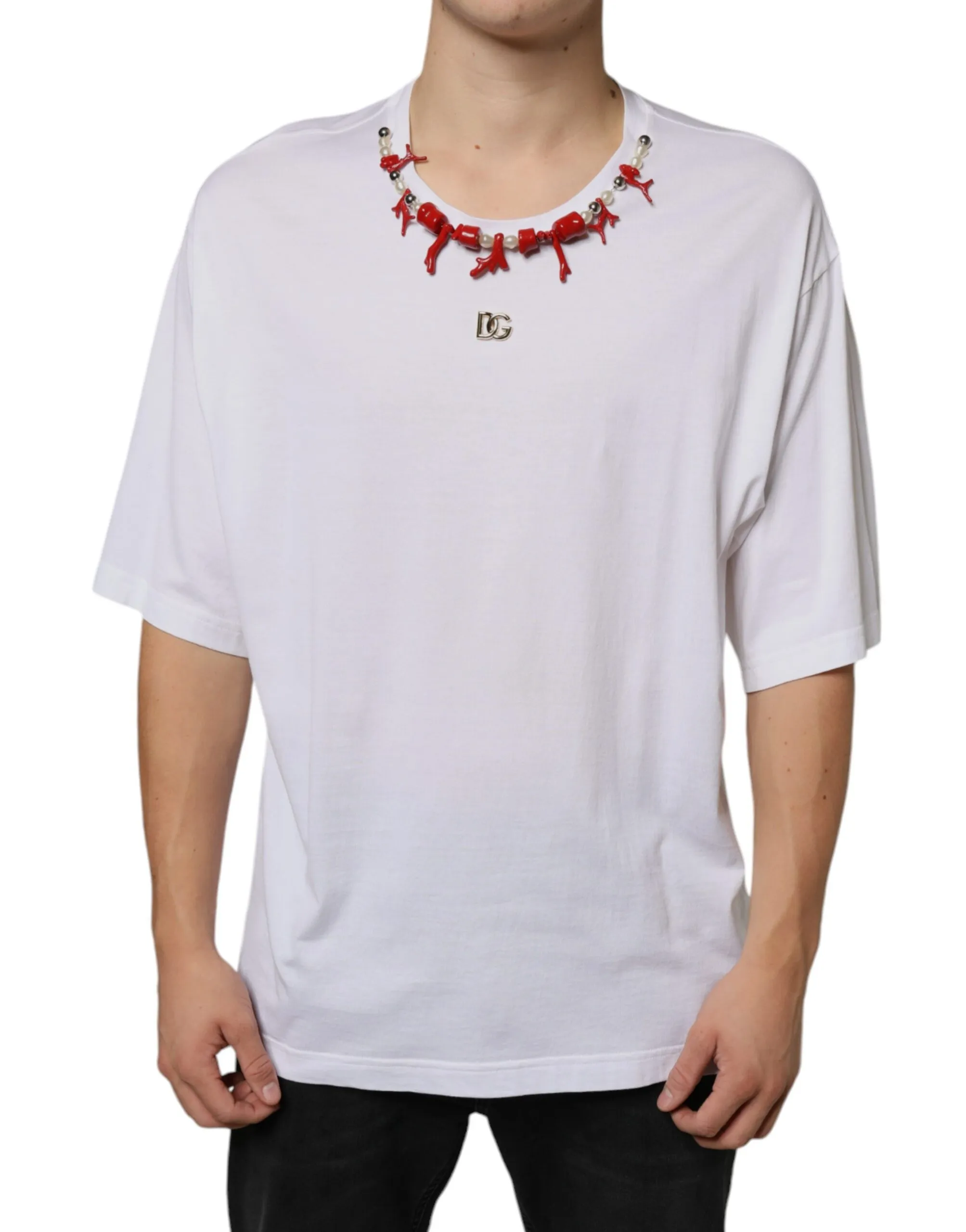 Dolce & Gabbana Men's White Cotton Necklace Embellished T-shirt