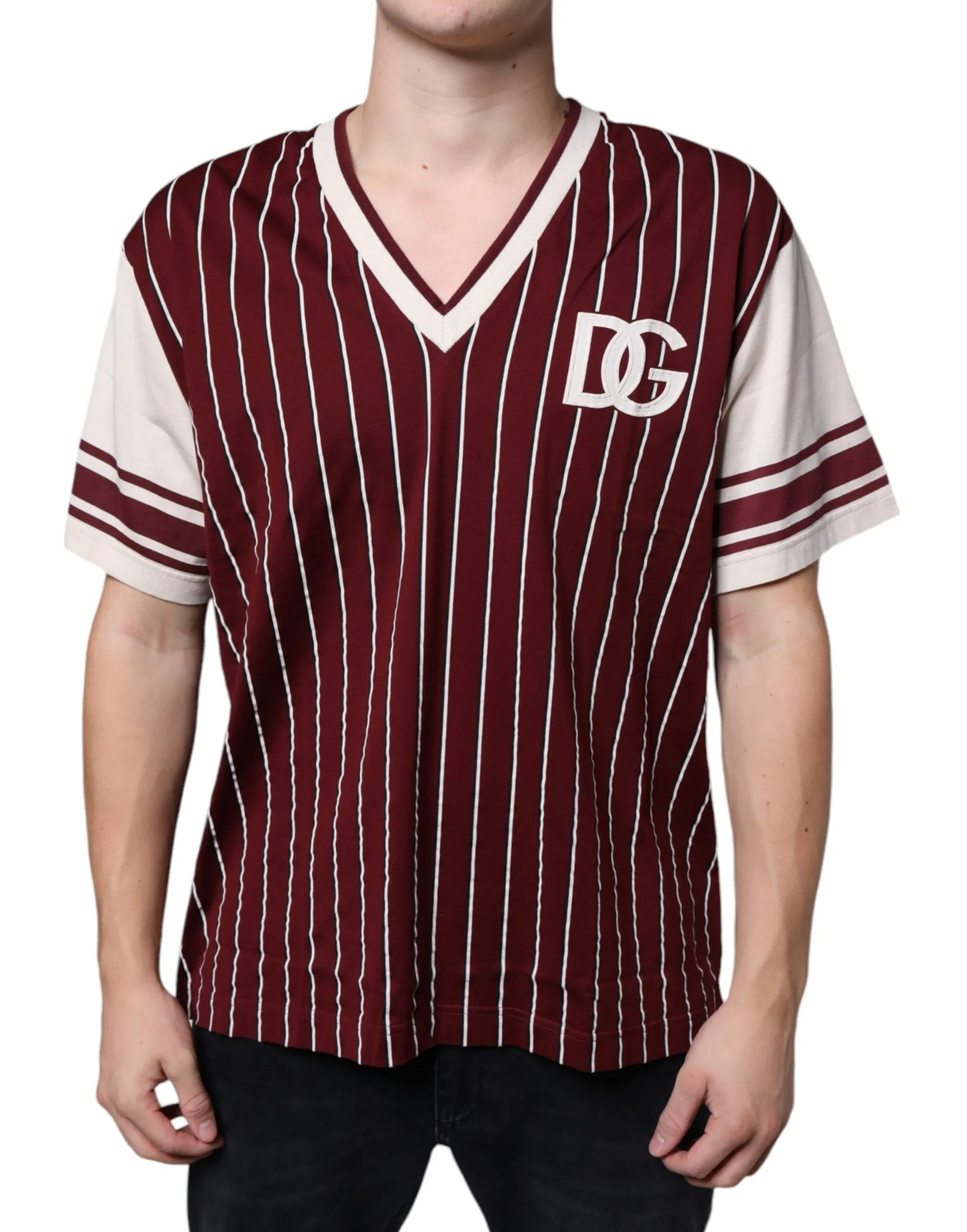 Dolce & Gabbana Men's Maroon Stripes Cotton Logo V-neck T-shirt