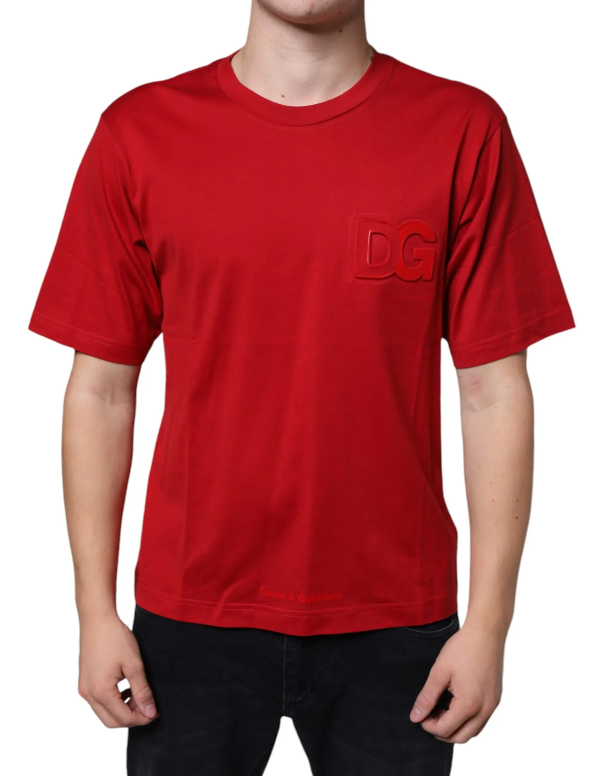 Dolce & Gabbana Men's Red Cotton DG Logo Print Crew Neck T-shirt