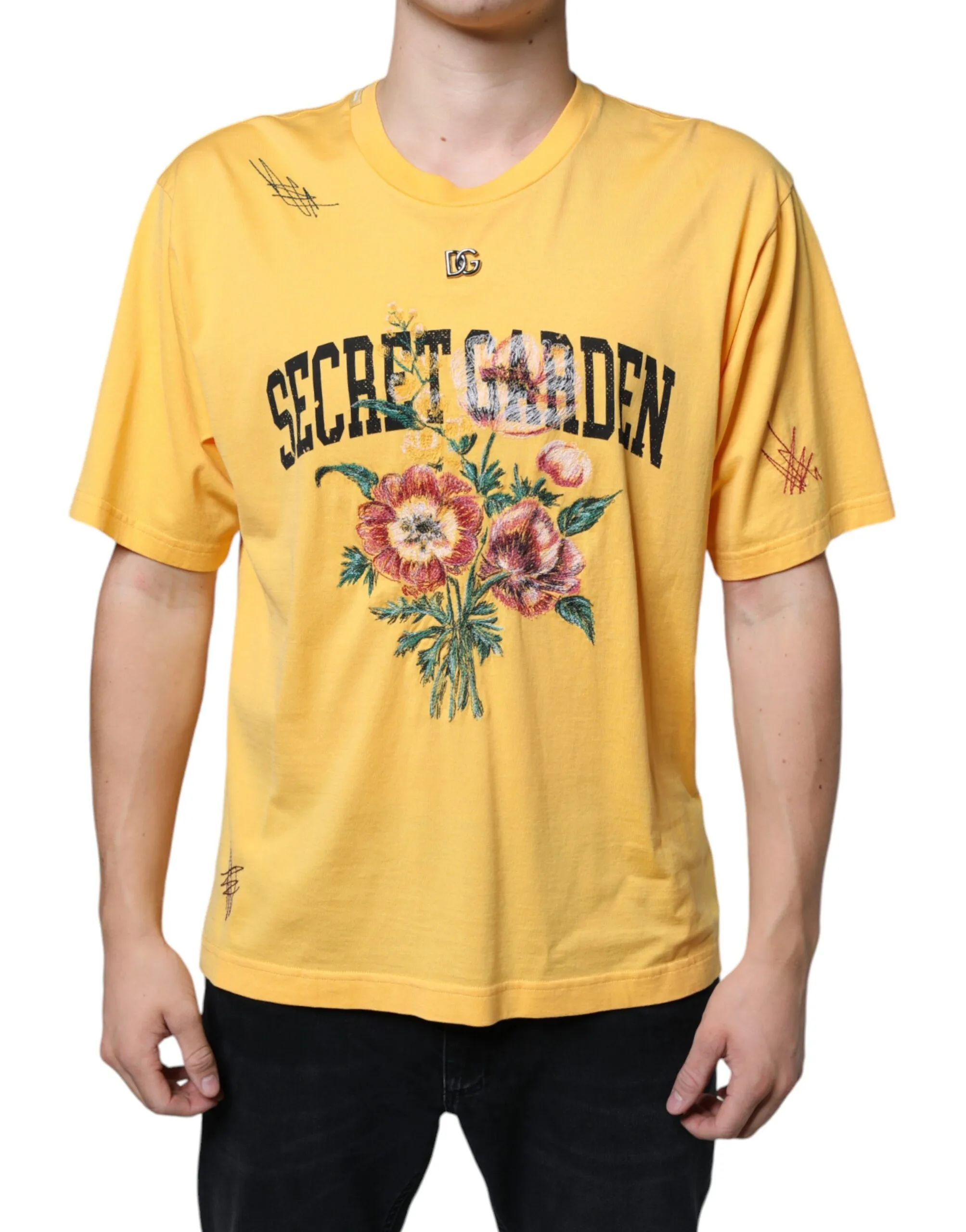 Dolce & Gabbana Men's Yellow Secret Graden Floral Cotton Crew Neck T-shirt