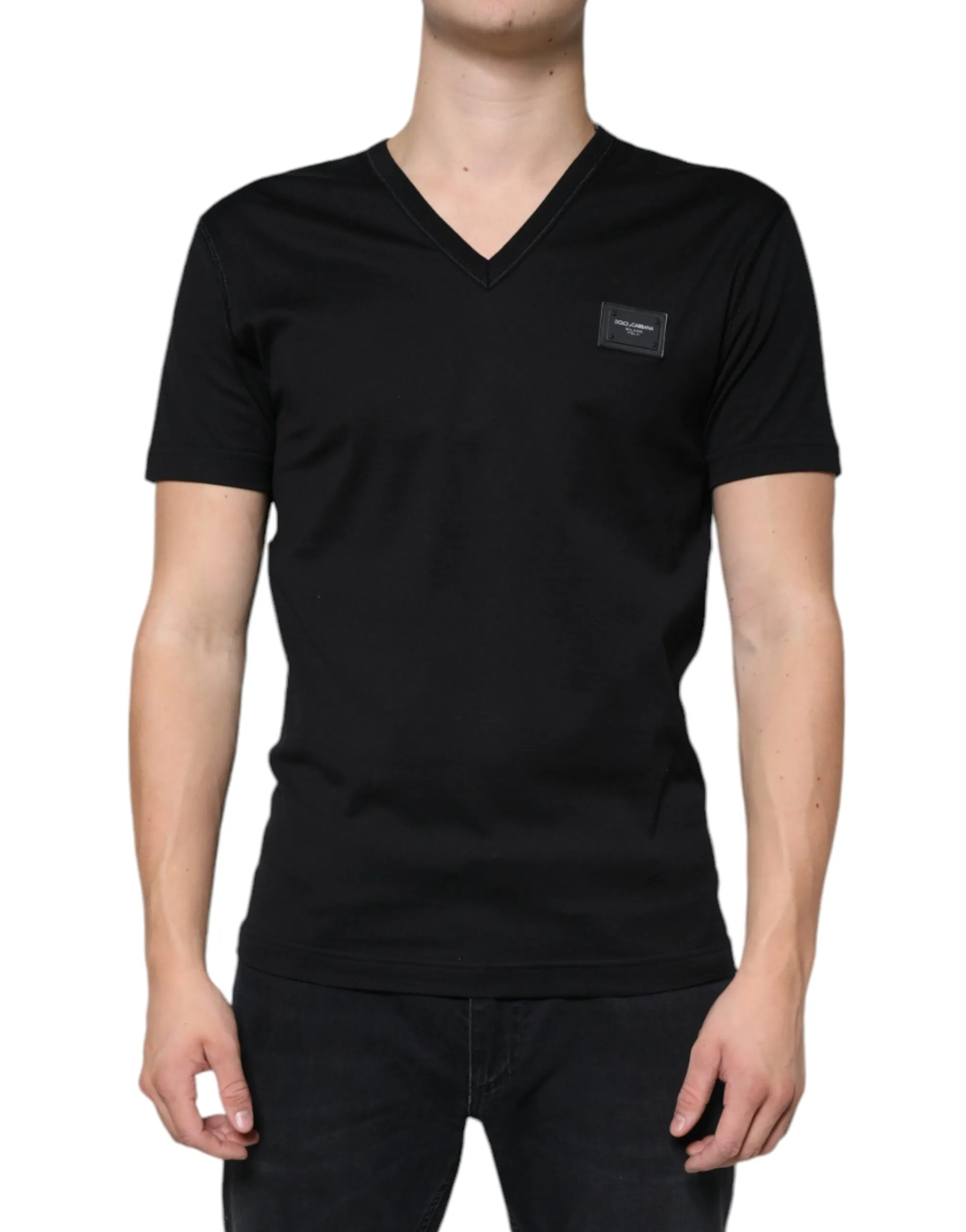 Dolce & Gabbana Men's Black Cotton DG Logo Plaque V-neck T-shirt