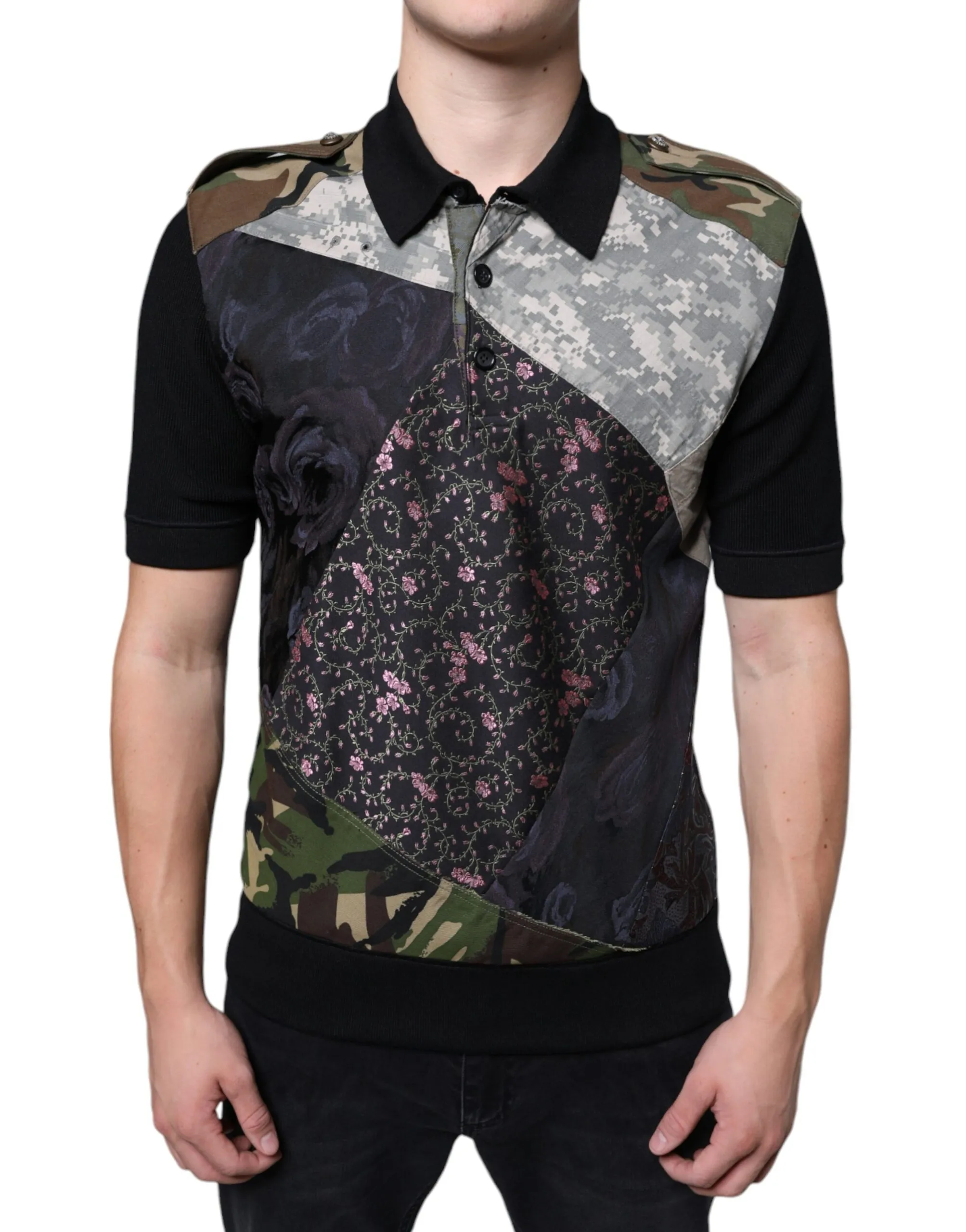 Dolce & Gabbana Men's Multicolor Camouflage Patchwork Silk Polo T-shirt