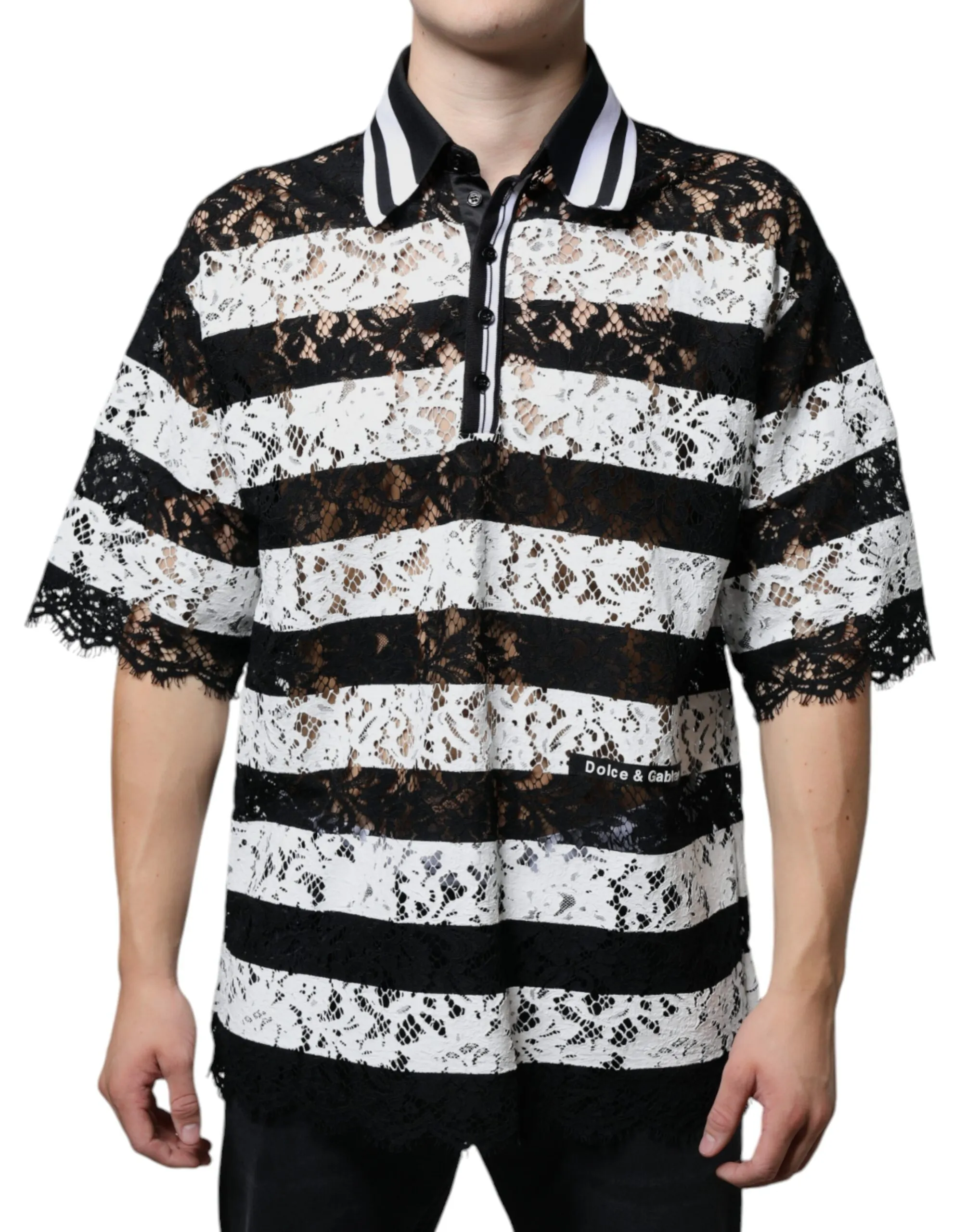 Dolce & Gabbana Men's Black White Stripes Lace Collared Polo T-shirt