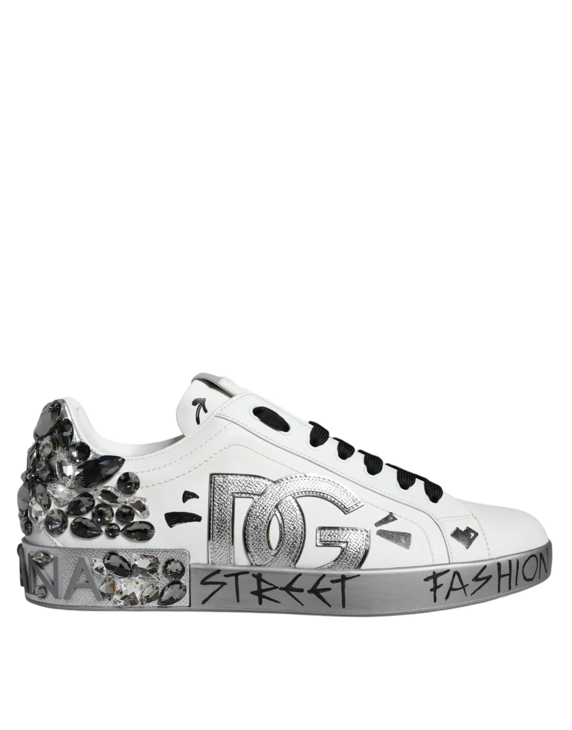 Dolce & Gabbana Men's White Silver Crystal Logo Portofino Sneakers Shoes