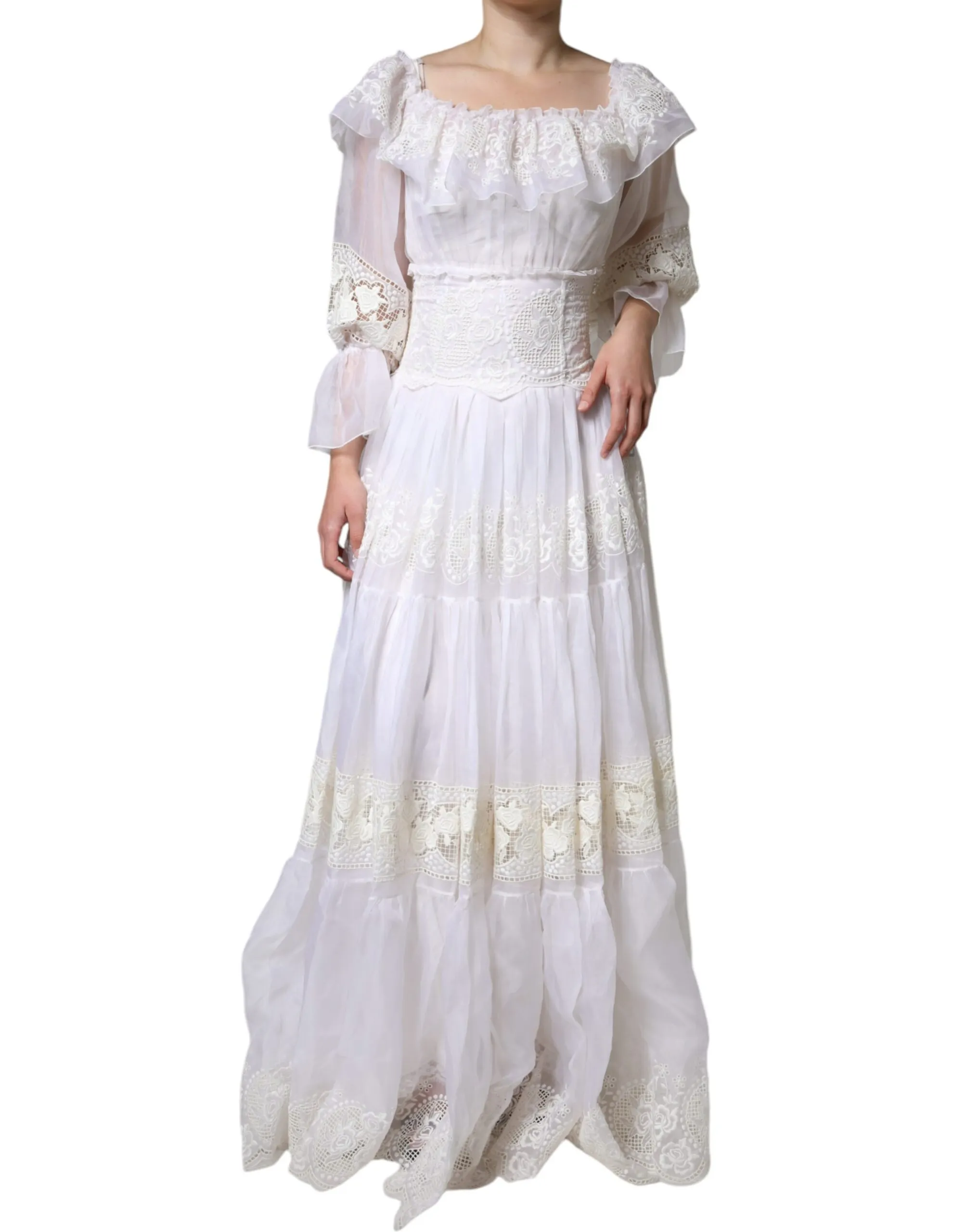 Dolce & Gabbana Women's White Floral Lace Corset Cotton Maxi Dress