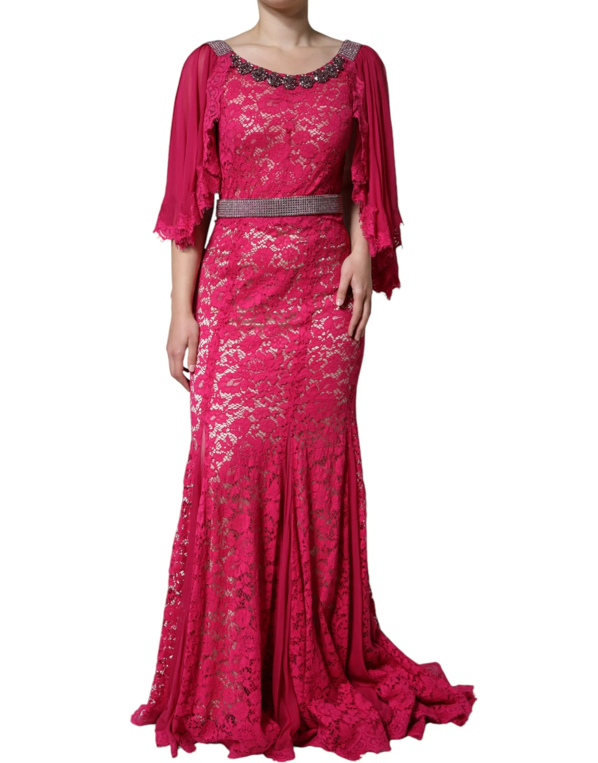 Dolce & Gabbana Women's Pink Lace Crystal Sheath Long Gown Dress