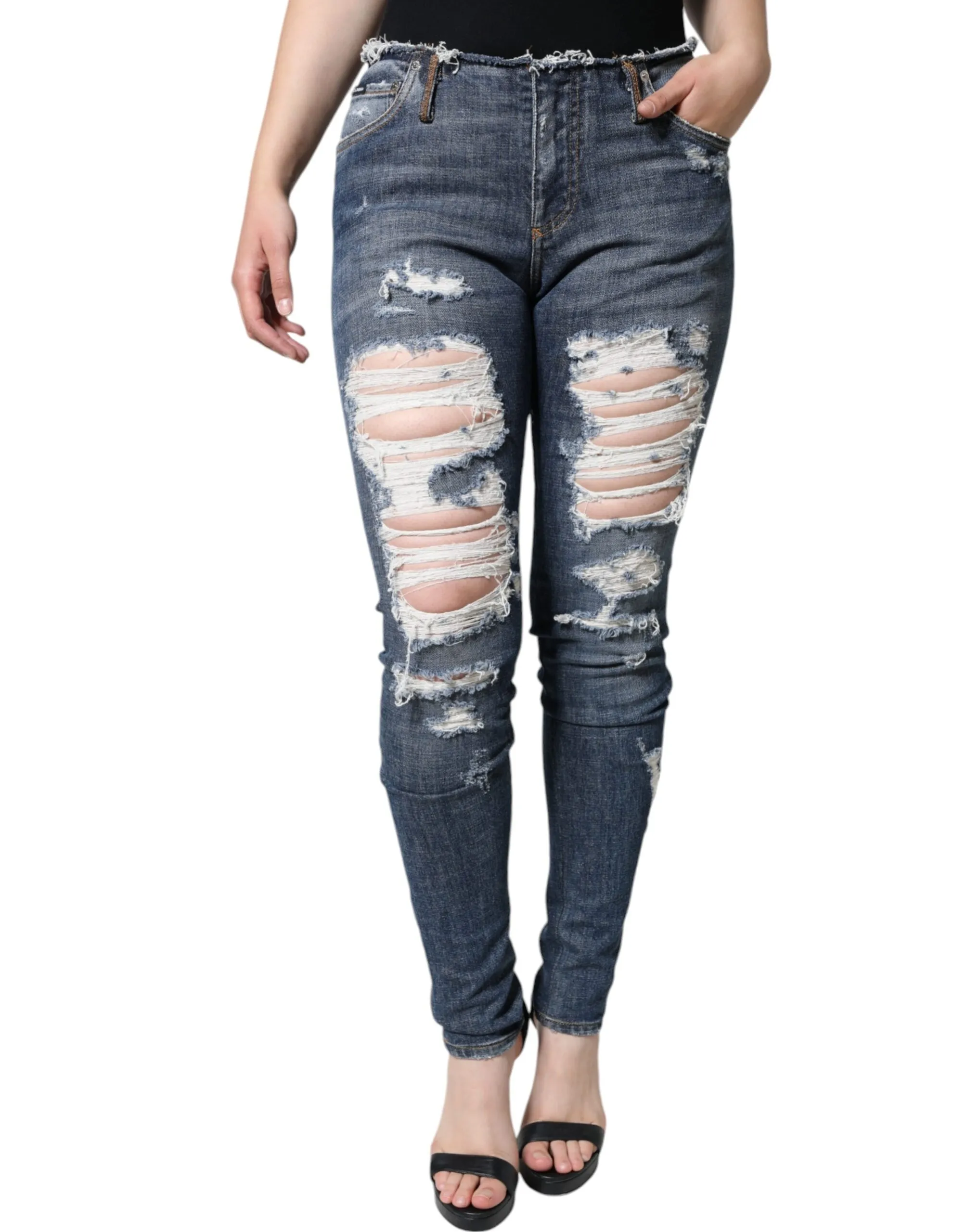 Dolce & Gabbana Women's Blue Cotton Stretch Tattered Skinny Jeans
