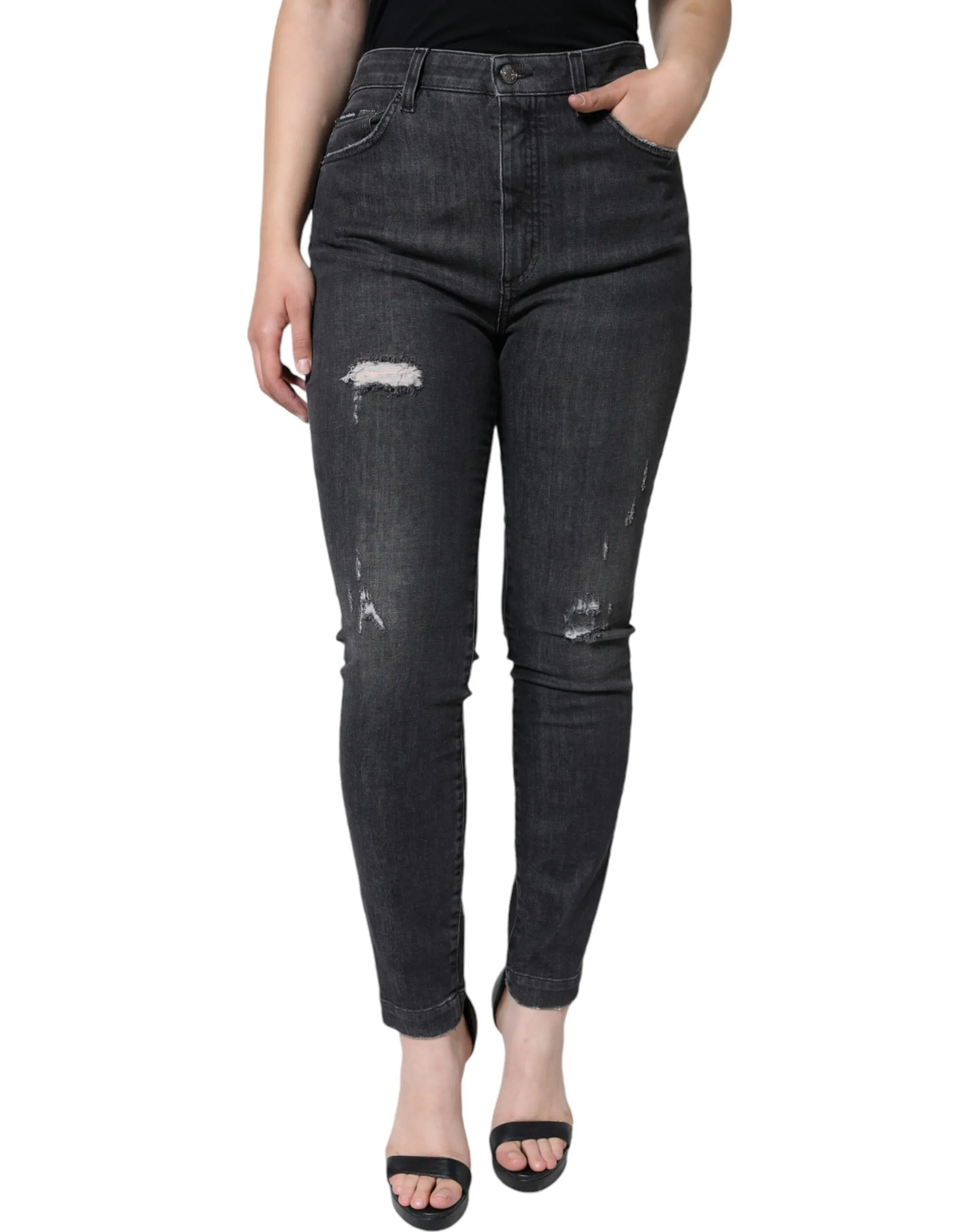 Dolce & Gabbana Women's Black Cotton Stretch Tattered Skinny Jeans