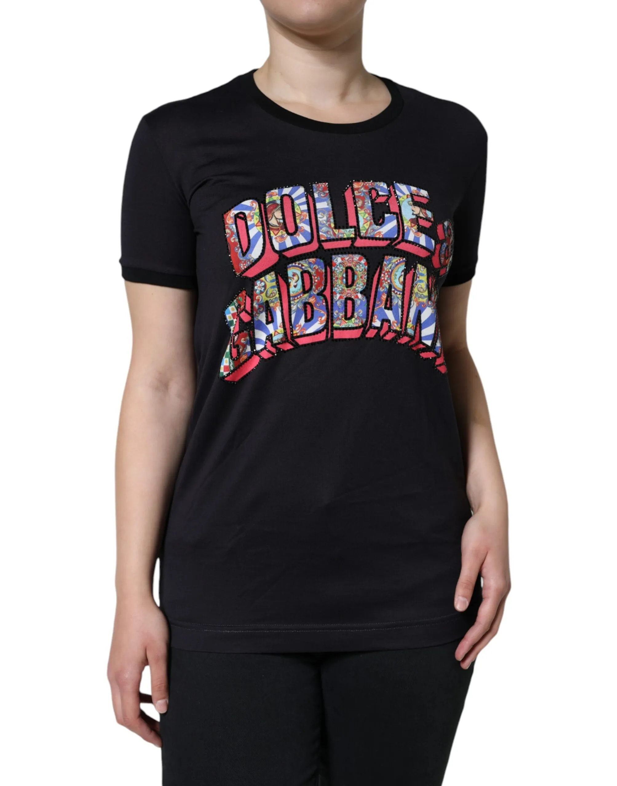 Dolce & Gabbana Women's Black Cotton Logo Print Round Neck T-shirt