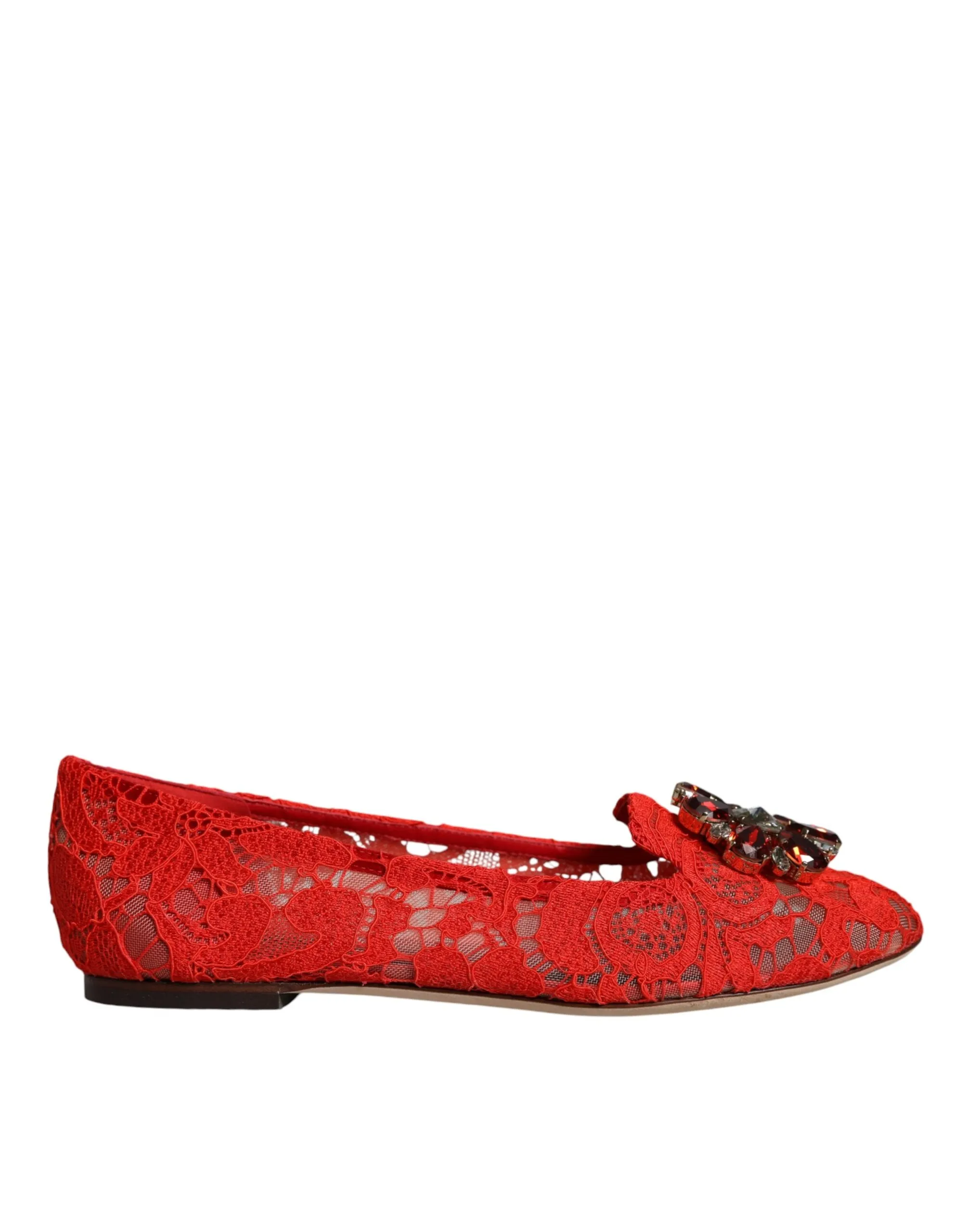Dolce & Gabbana Women's Red Lace Crystal Ballet Flats Loafers Shoes