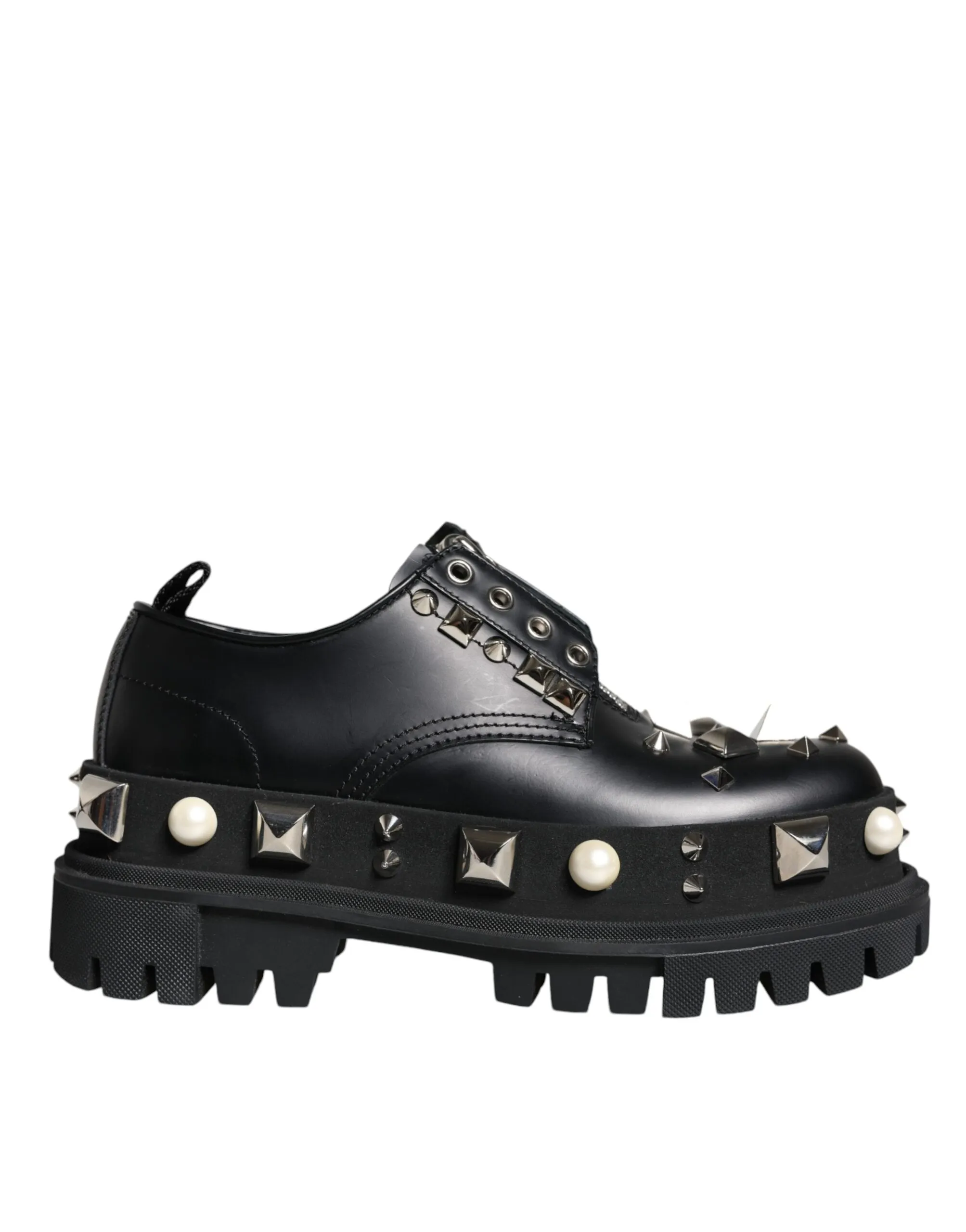 Dolce & Gabbana Women's Black Leather Embellished Derby Formal Shoes