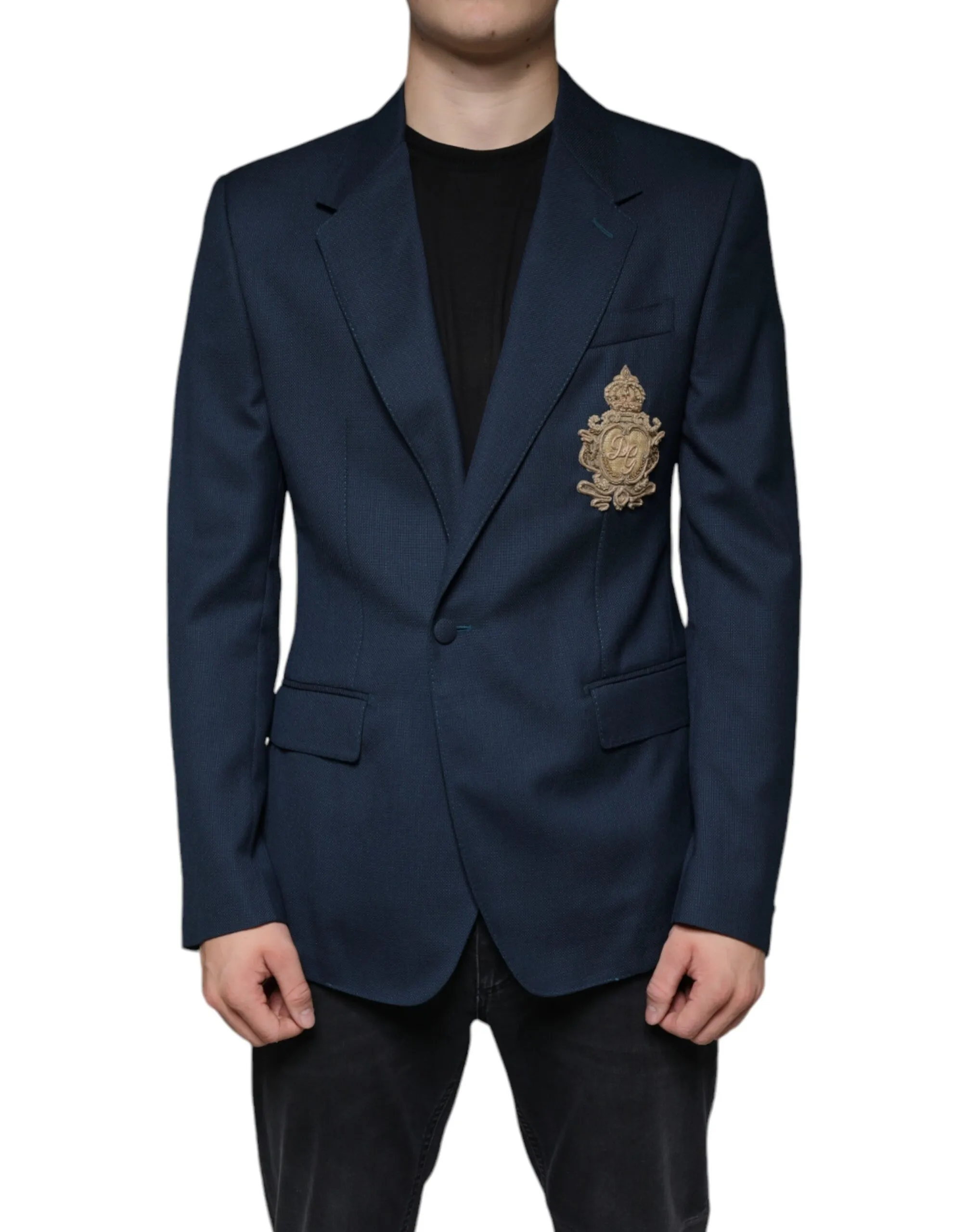 Dolce & Gabbana Men's Blue Wool Logo Single Breasted Coat Blazer