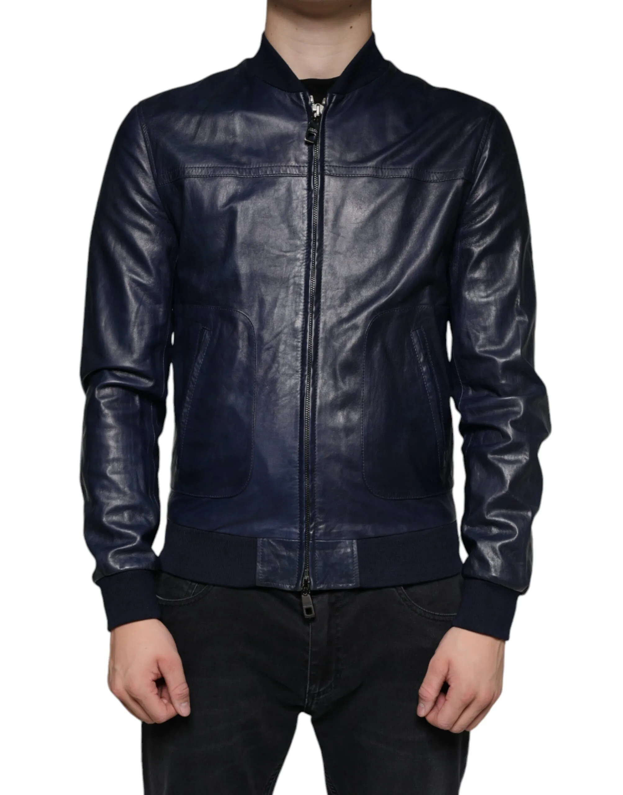 Dolce & Gabbana Men's Blue Lambskin Leather Full Zip Biker Jacket