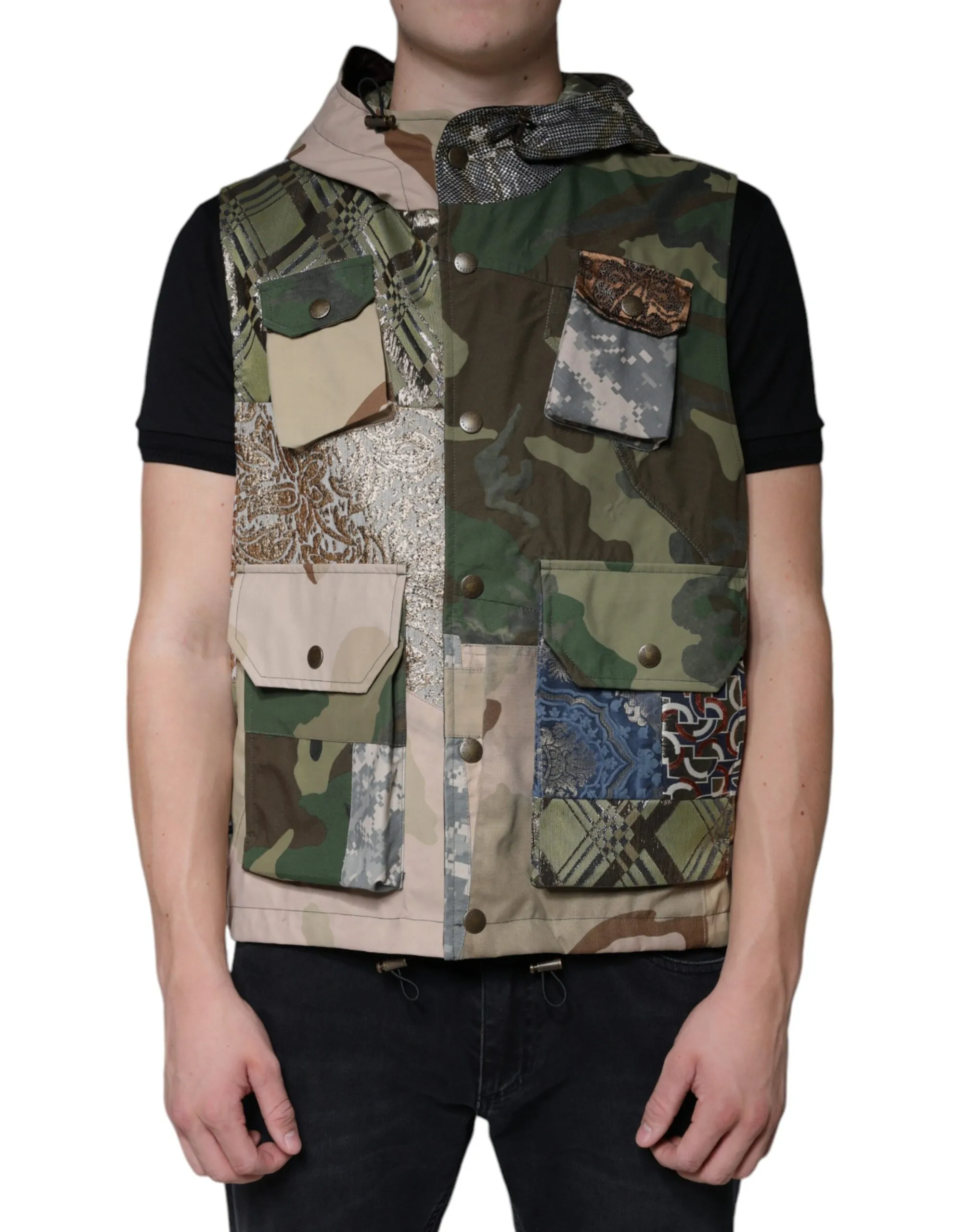 Dolce & Gabbana Men's Multicolor Patchwork Hooded Vest Jacket