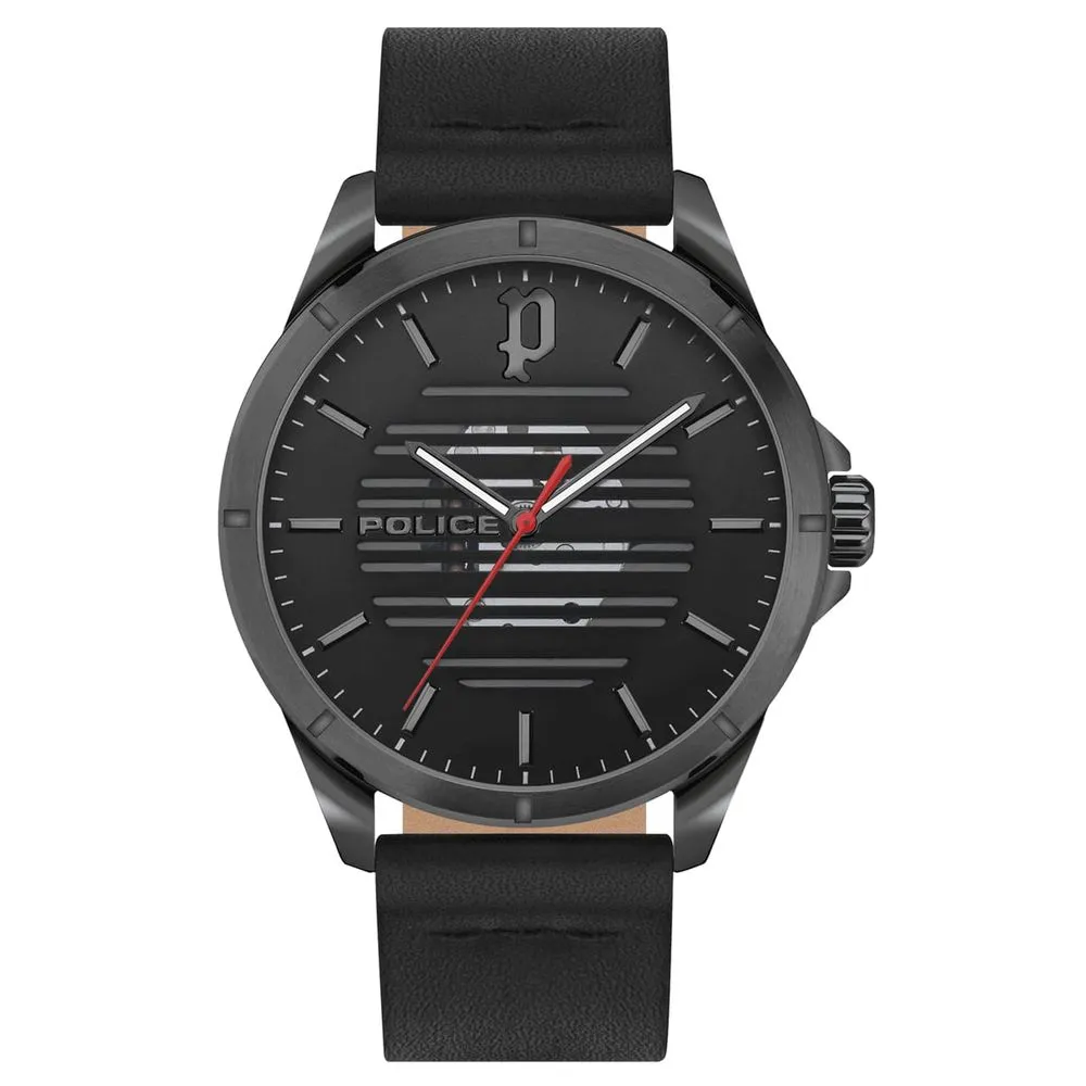 Police Men's Black Leather Watch