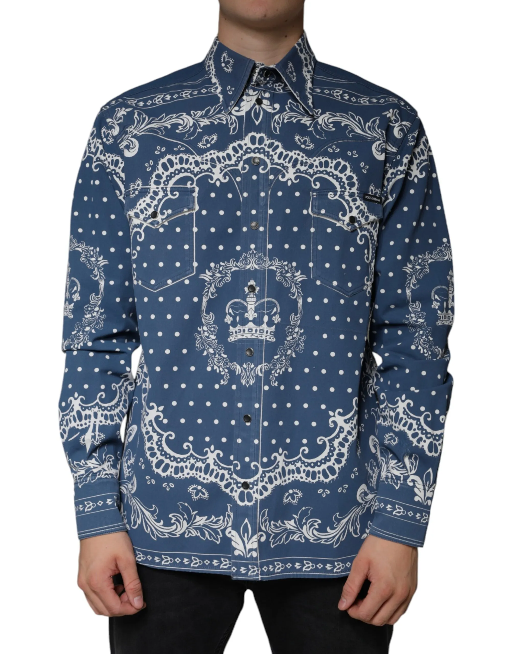 Dolce & Gabbana Men's Blue White Bandana Print Cotton Casual Shirt