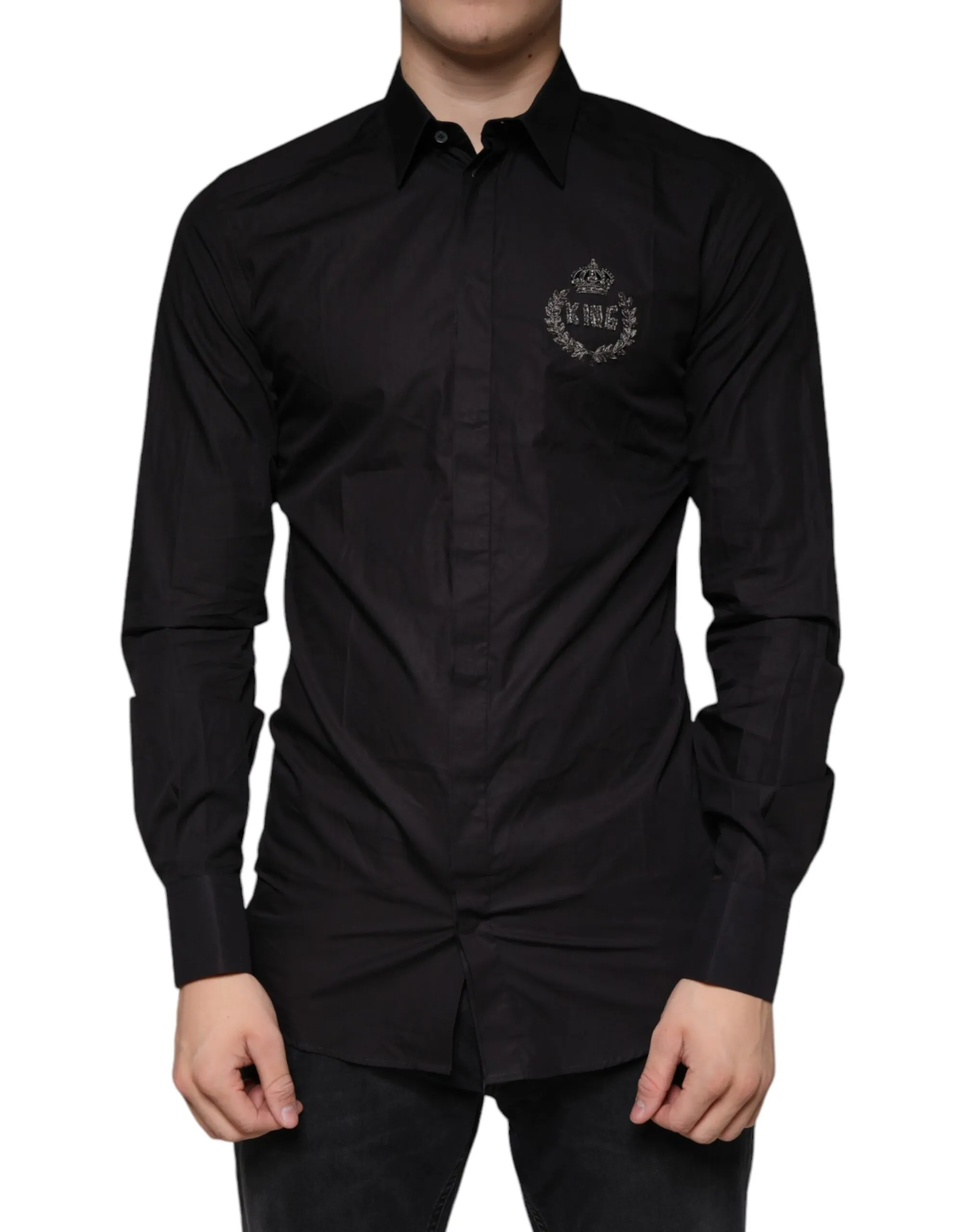 Dolce & Gabbana Men's Black King Crown Embroidered GOLD Dress Shirt