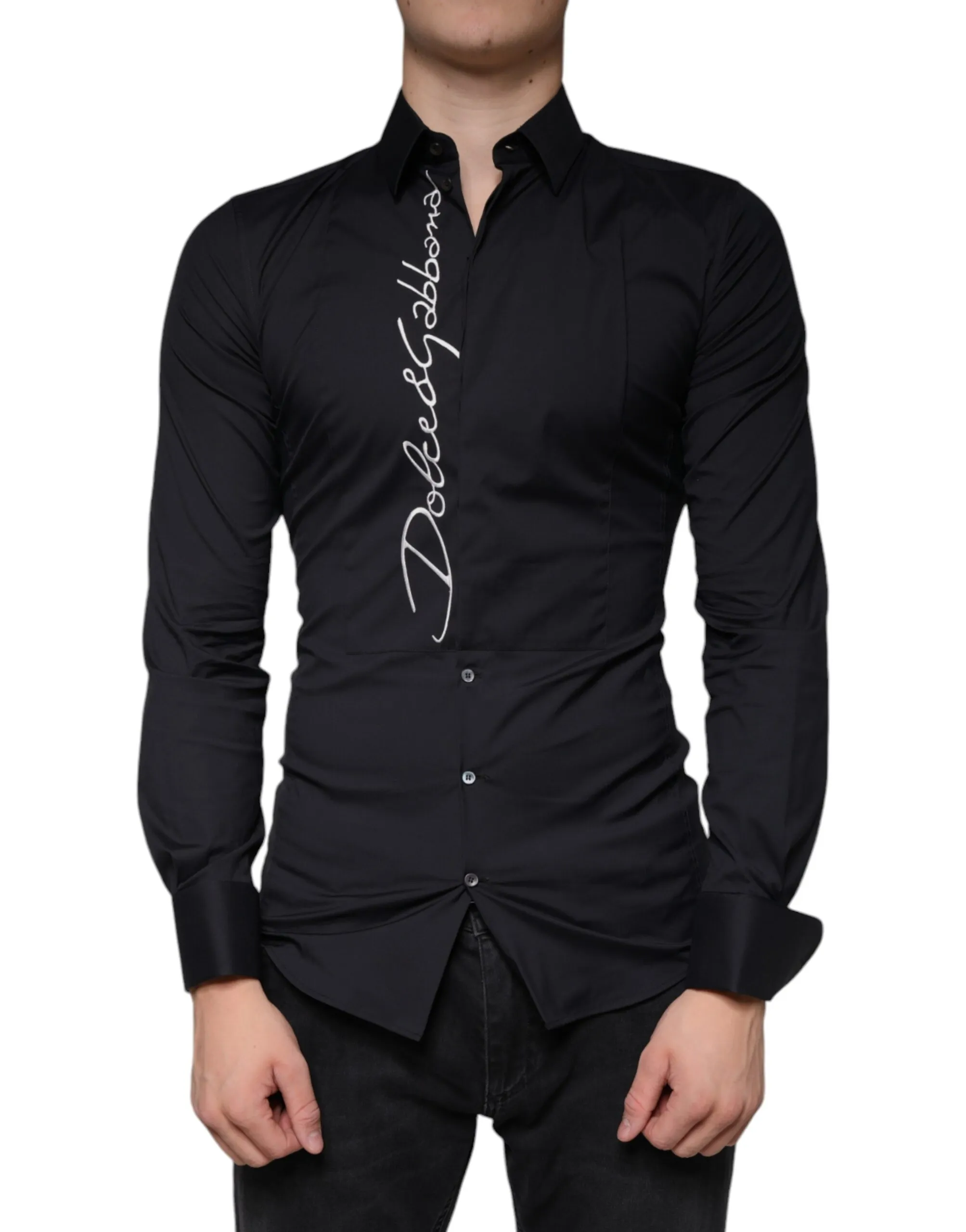 Dolce & Gabbana Men's Black Logo Embroidered SICILIA Dress Shirt