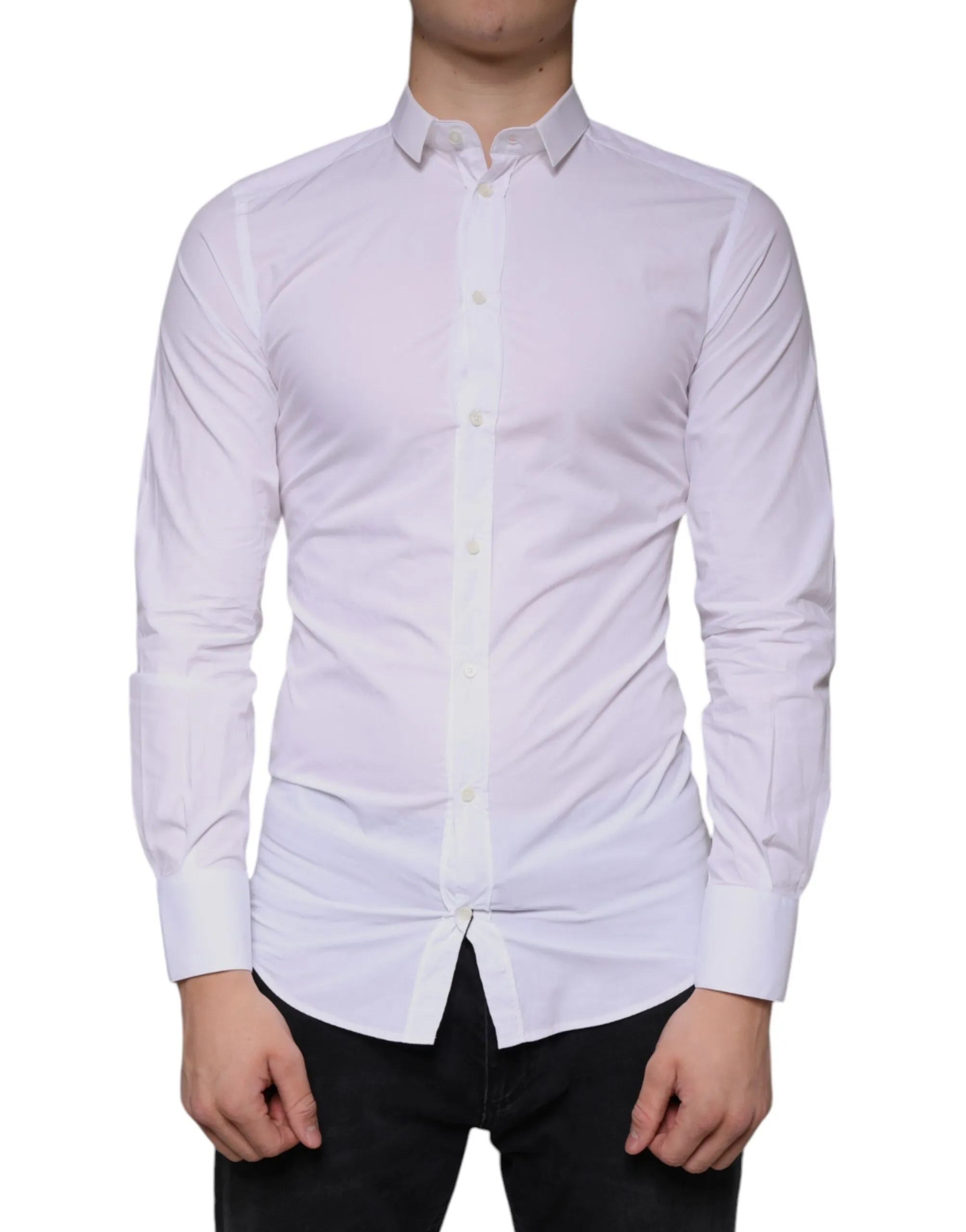 Dolce & Gabbana Men's White Cotton Dress GOLD Formal Collared Shirt