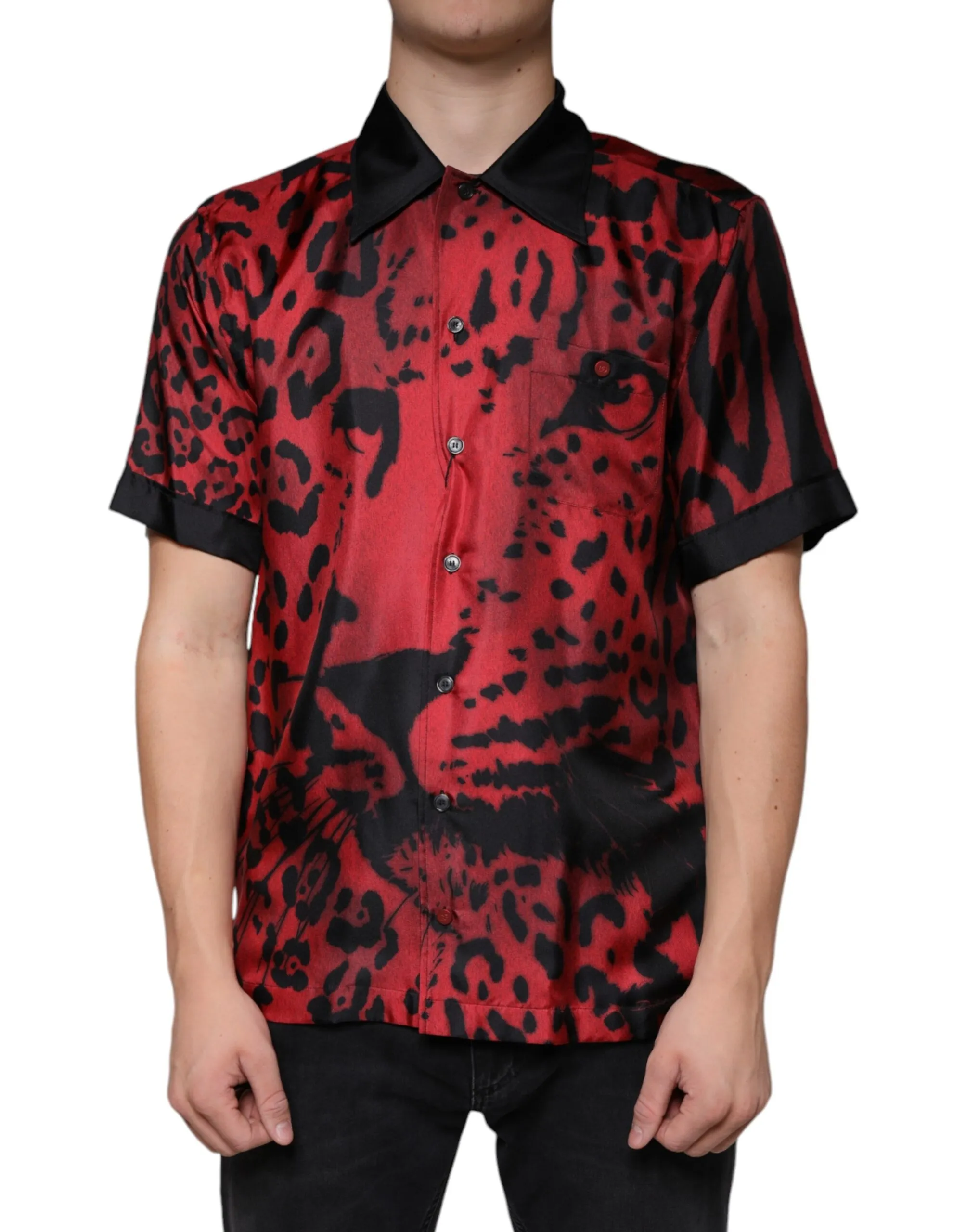 Dolce & Gabbana Men's Red Leopard Silk Button Down Casual Shirt