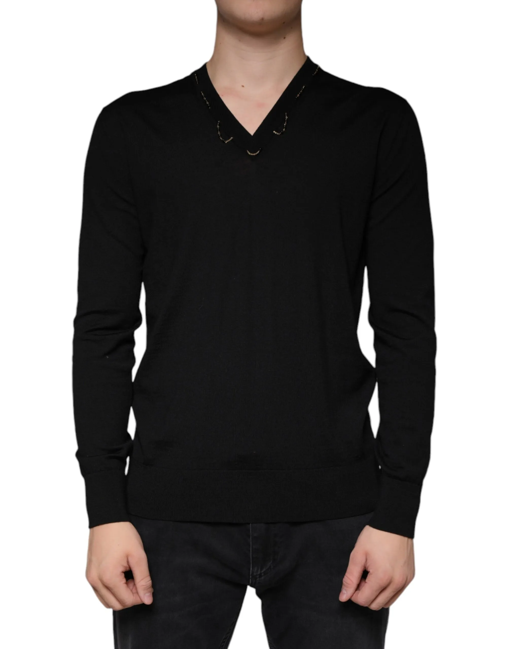 Dolce & Gabbana Men's Black Embellished V-neck Pullover Sweater