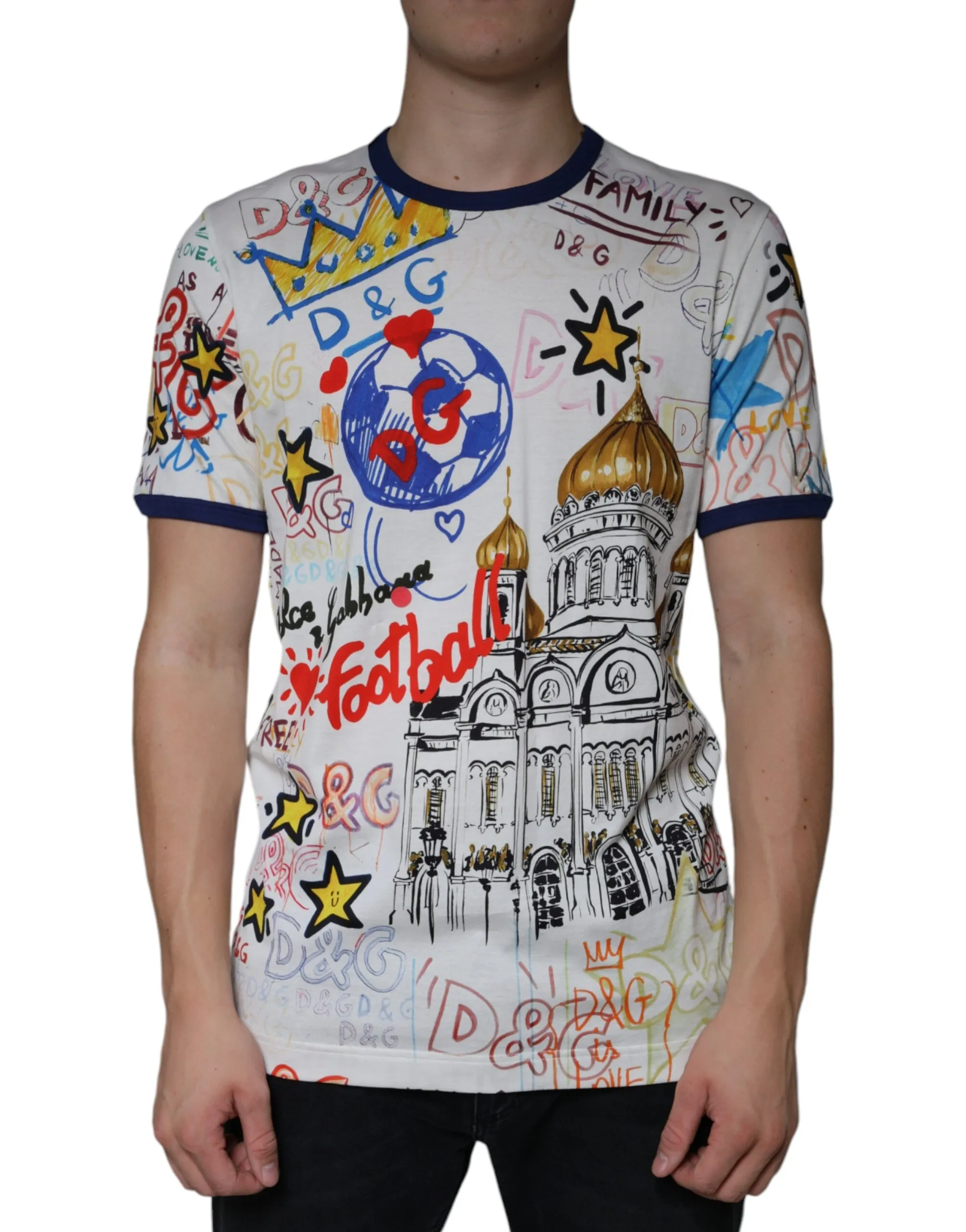 Dolce & Gabbana Men's White Graphic Print Cotton Crew Neck T-shirt