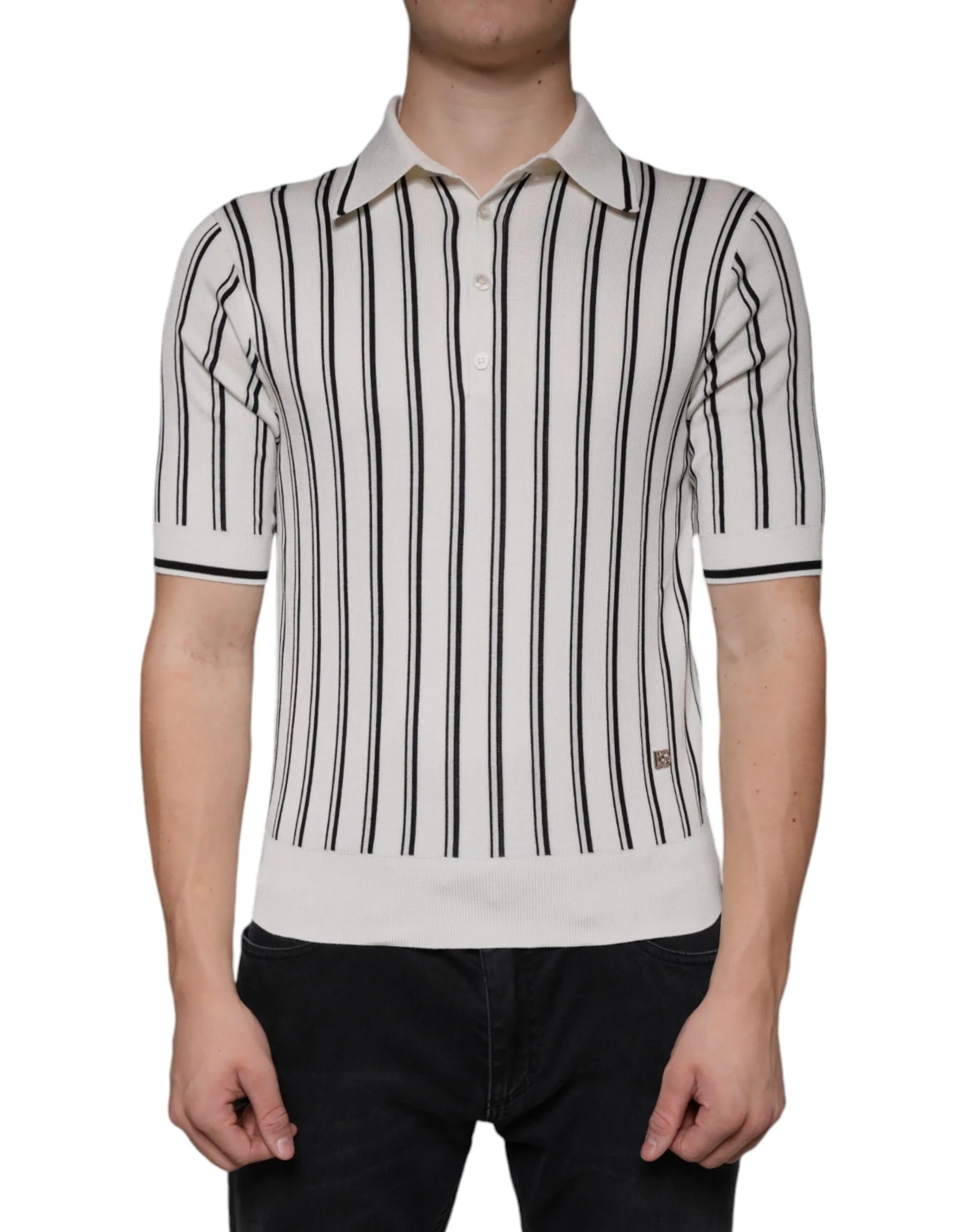 Dolce & Gabbana Men's White Black Stripe Polo Short Sleeve T-shirt